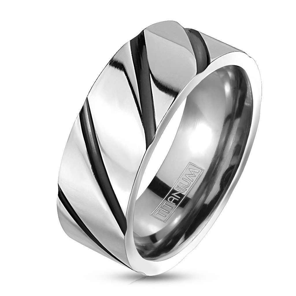BUNGSA Fingerring 62 (19.7) Titan-Ring silber mit schwarzen Streifen 8mm Unisex (Ring, 1-tlg), Erwachsene
