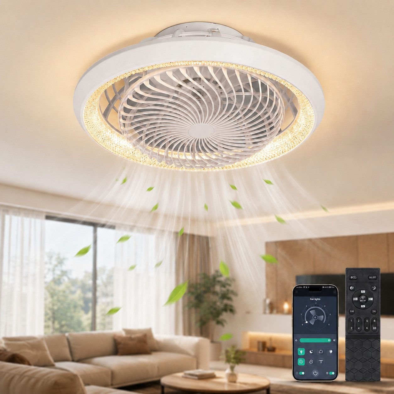 Lapamax Deckenventilator mit Beleuchtung, Modern Ventilator, 360° drehen, Dimmbar, Leise, 49CM, 6 Geschwindigkeiten, 3 Farbtemperaturen, für Schlafzimmer, Wohnzimmer