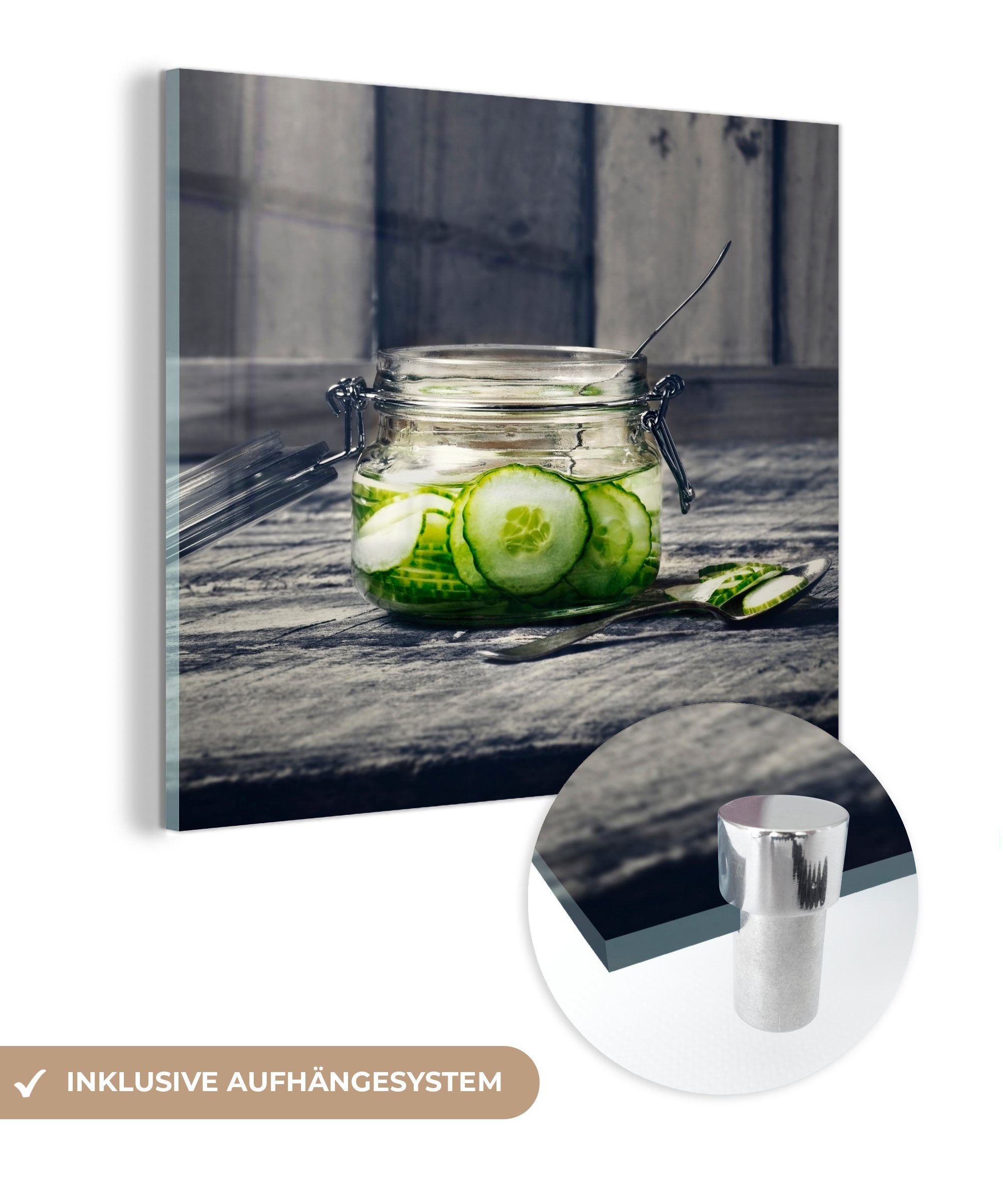 hölzernen Glasbilder Wanddekoration - St), MuchoWow Foto einem Weckglas - mit Wandbild - Acrylglasbild (1 Hintergrund, Glas Gurke Glas Bilder auf auf auf