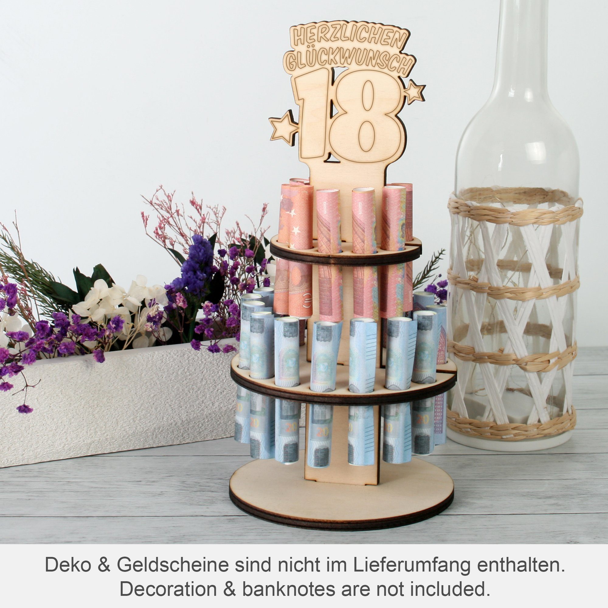 Kreative Feder Geburtstagskarte Dekorativer 3D originelle Holz 18. Geldgeschenk-Deko Geburtstag, „Torte“ zum aus Geschenk-Aufsteller