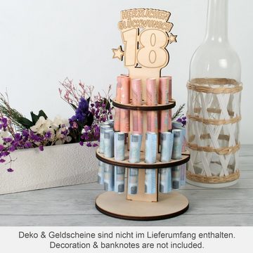 Kreative Feder Geburtstagskarte Dekorativer 3D Geschenk-Aufsteller „Torte“ zum 18. Geburtstag, originelle Geldgeschenk-Deko aus Holz