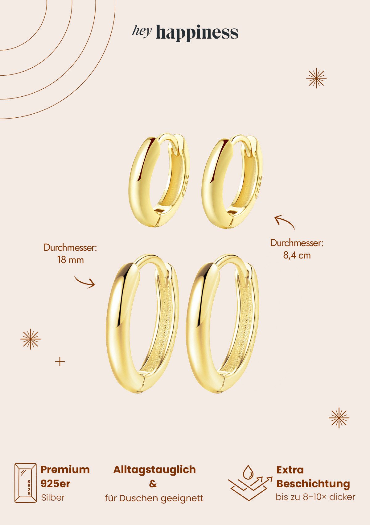 Hey Happiness Creolen-Set Layer Silber 925 Damen klein, 2 Paare, 4-tlg., Basic Silber Ohrringe rund klassisch, 18K Gold Roségold – Bild 5 von 5