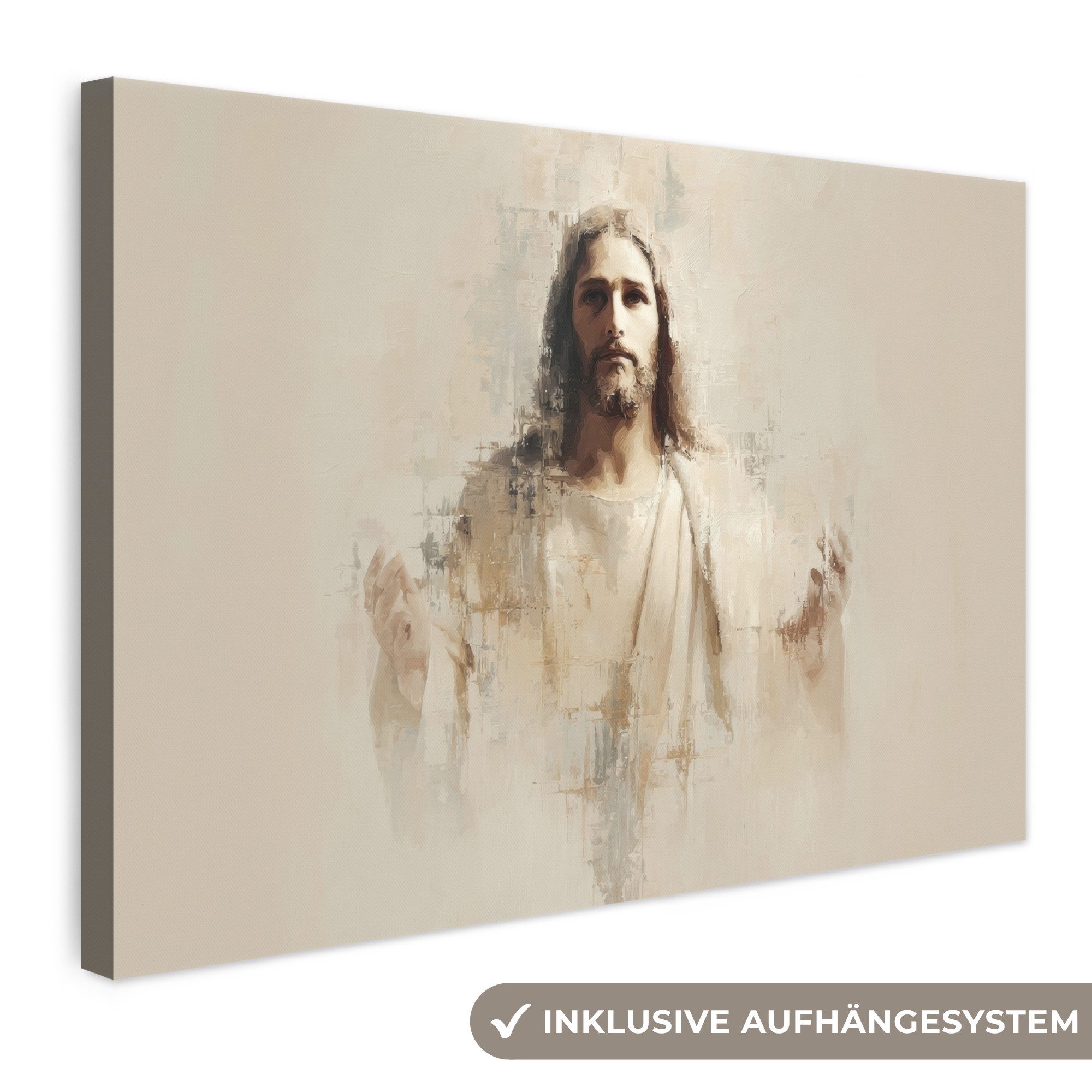 OneMillionCanvasses® Leinwandbild Porträt - Abstrakt - Jesus - Beige, Fotodruck (1 St), Leinwand Bilder Klein, Wand Dekoration Aesthetic 30x20 cm