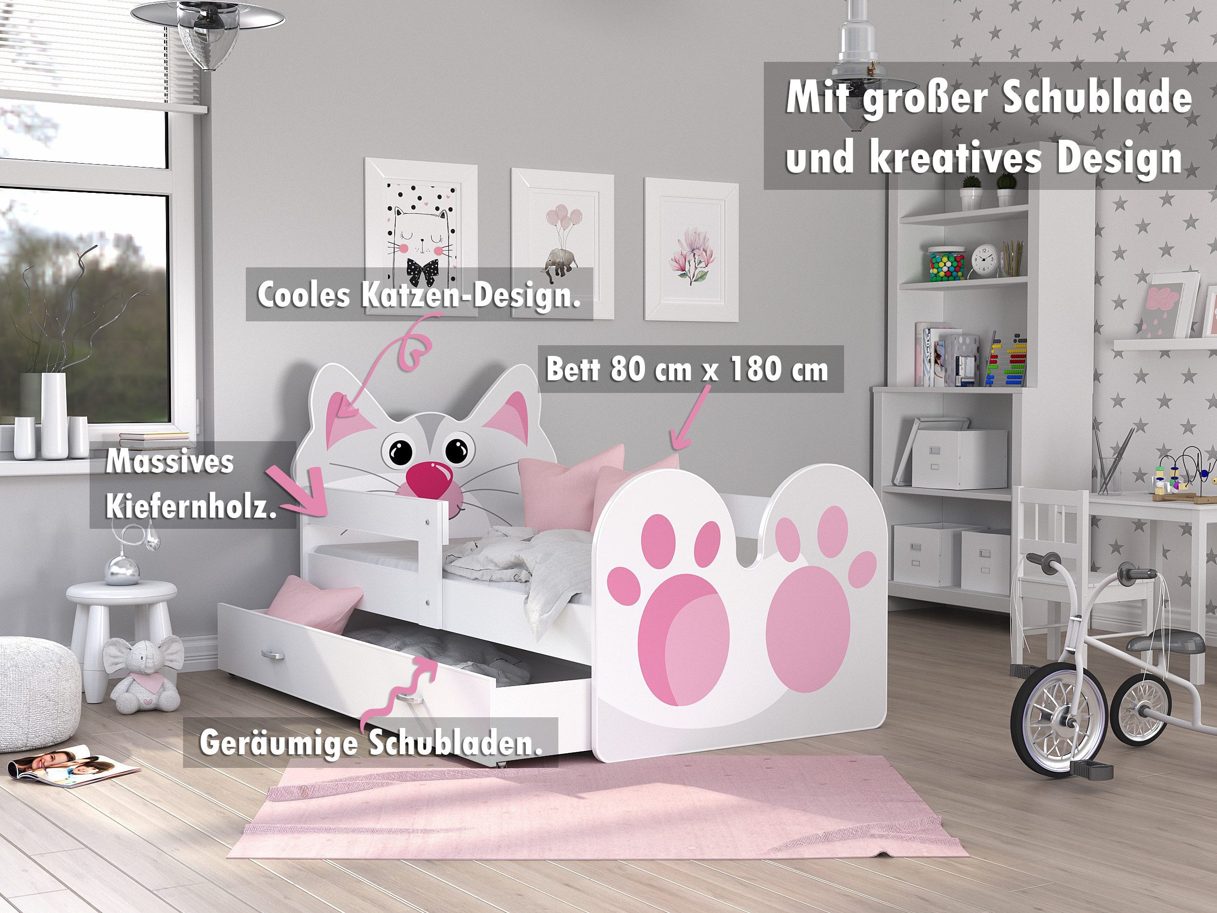 AJKmeble Kinderbett mit Rausfallschutz und Schublade, günstig online kaufen