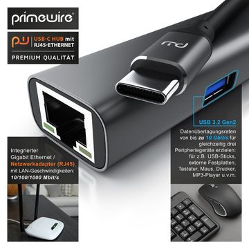 Primewire USB-Adapter, USB 3.2 Gen2 Typ C HUB mit RJ45 Ethernet, LAN Network Adapter