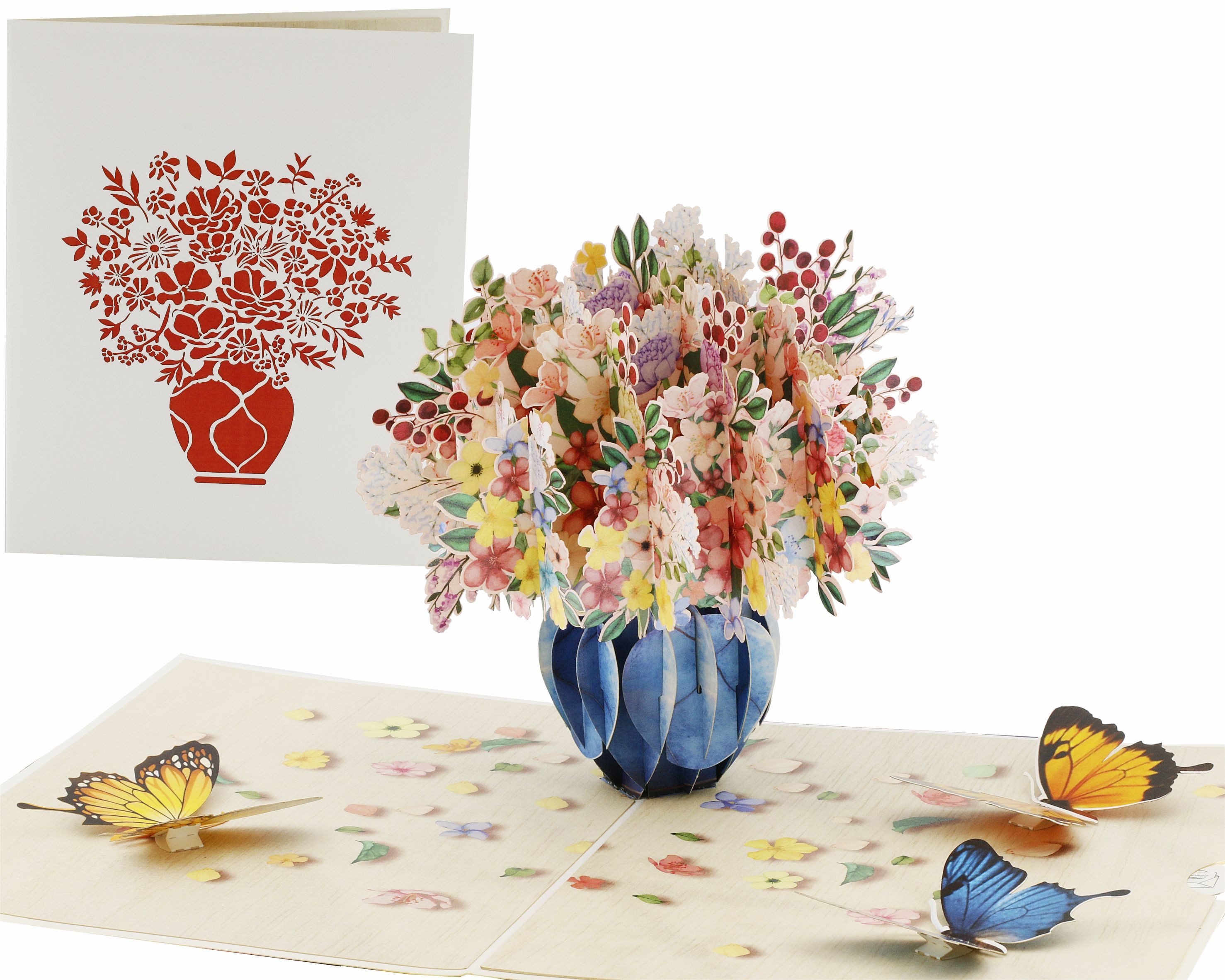 design3dkarten Glückwunschkarte Pop Up Karte Blumenstrauß – 3D Blumen in Vase mit Schmetterlingen, mit herausnehmbarem Einleger, Umschlag und Schutzhülle