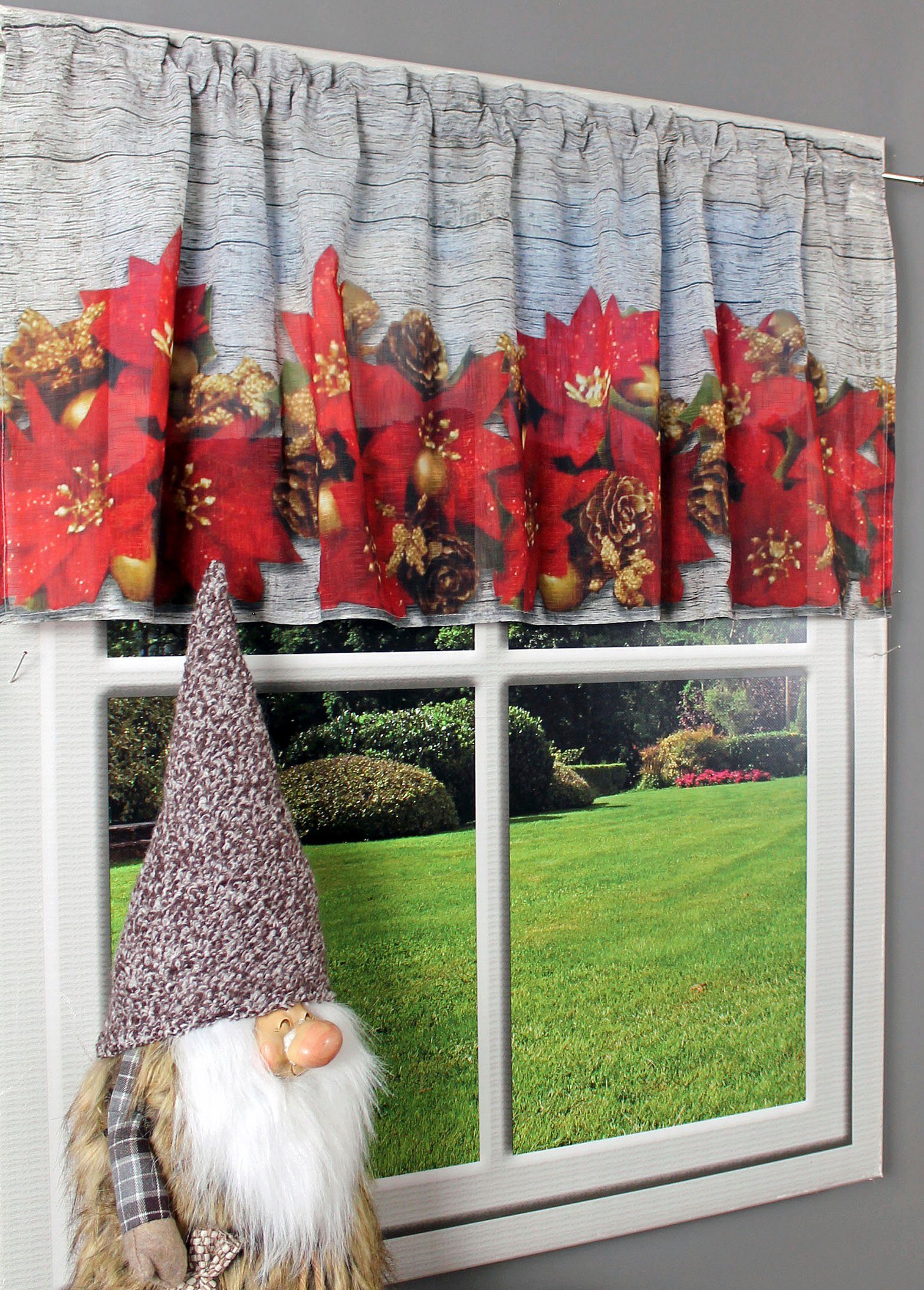 HOSSNER - ART OF HOME DECO Querbehang Weihnachtsstern (1 St), Stangendurchzug, halbtransparent, Organza, Hintergrund in Holzoptik
