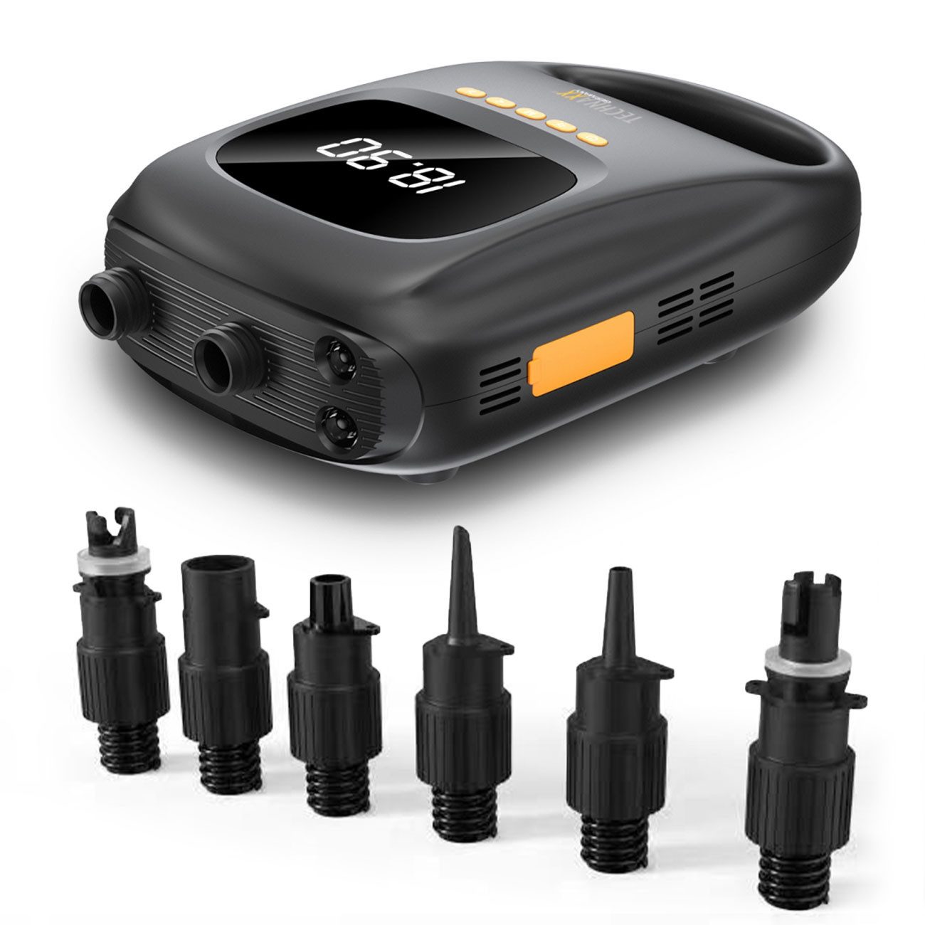 Technaxx Akku-Luftpumpe Akku-SUP-Pumpe 20 PSI, 7500mAh Powerbank, 120W, 12V/USB, 6 Düsen, 2-Stufen Akku-SUP-Pumpe bis 20 PSI mit 7500 mAh Powerbank & Auto-Stopp