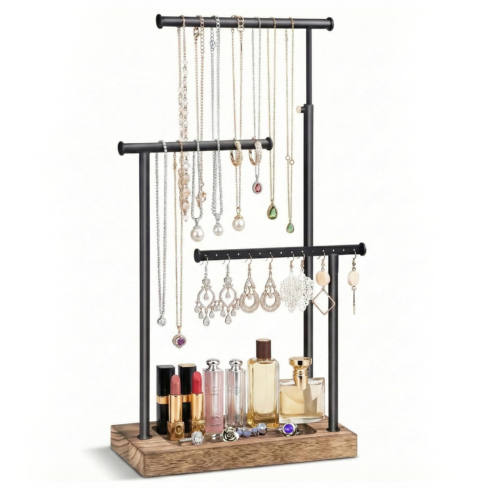 SURFOU Schmuckständer Schmuckständer 3 Ebenen Metall Holz Schmuck Organizer Verstellbar (Schmucktablett, Schmuckhalter, Schmuckaufbewahrung, ausziehbarer Kettenhalter für Ringe Ohrringe Ketten Armbänder, 1 St), 3-stufiges Design, Höhenverstellbar bis ca. 32 cm, Drehbare T-Stangen