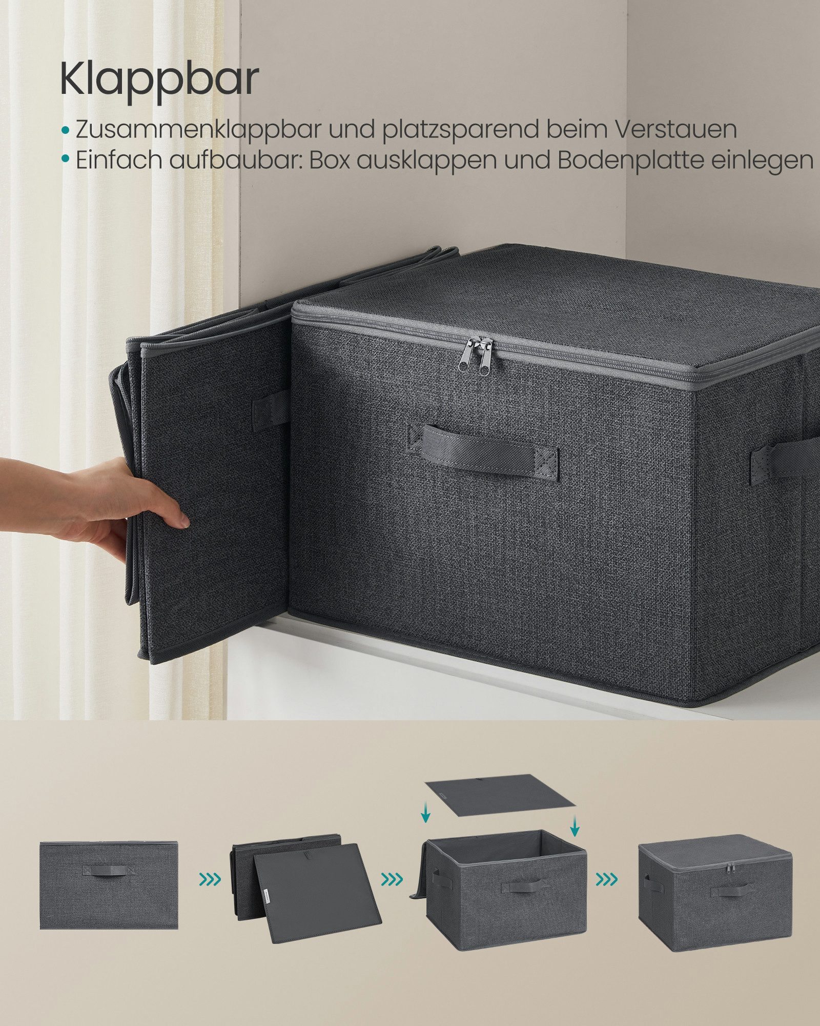 SONGMICS Aufbewahrungsbox Aufbewahrungsboxen, mit Deckel, faltbare Stoffbox mit Griffen, 3er Set, 40 x 30 x 25 cm, Vliesstoff – Bild 4 von 5