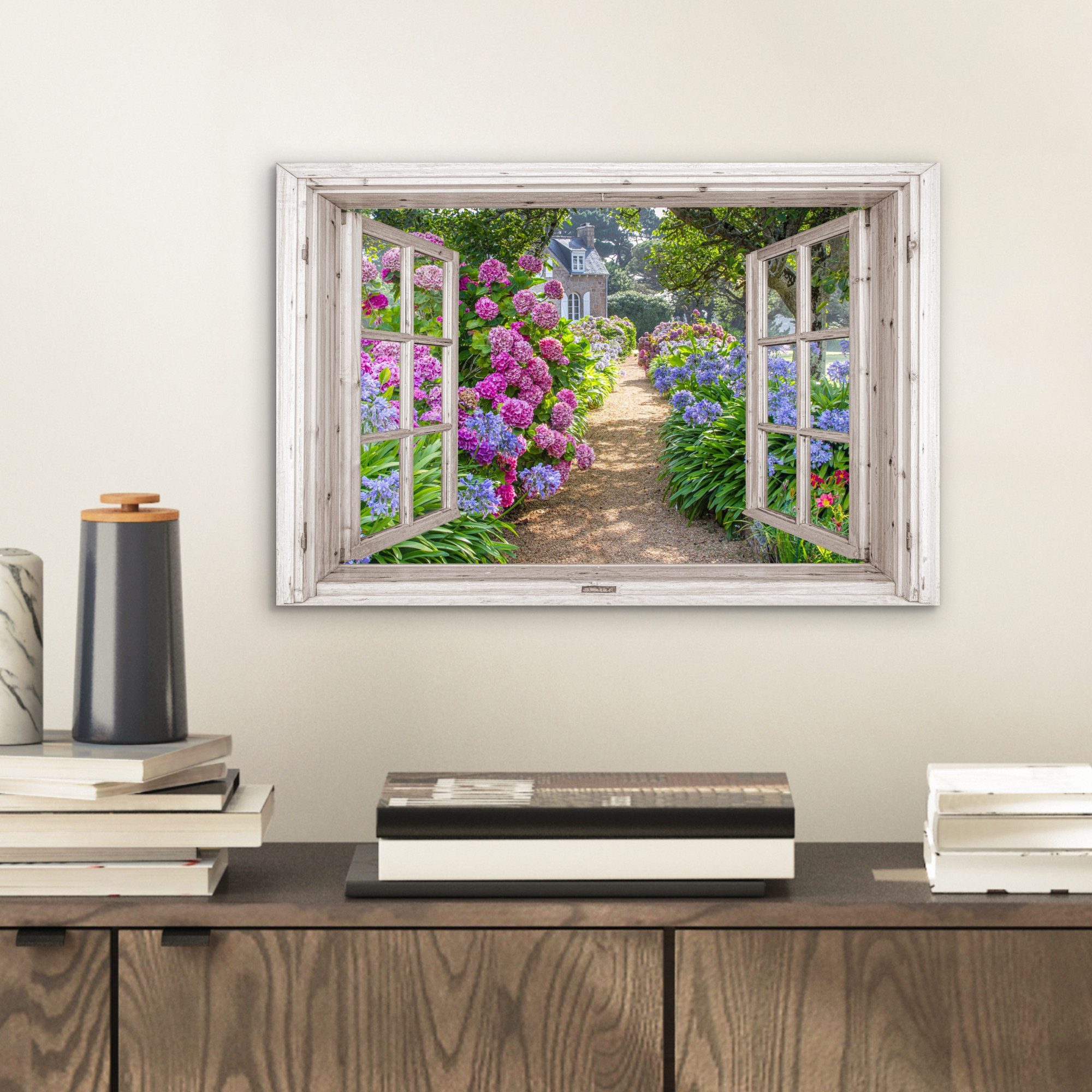 MuchoWow Metallbild Hortensie - Fensterblick - günstig online kaufen