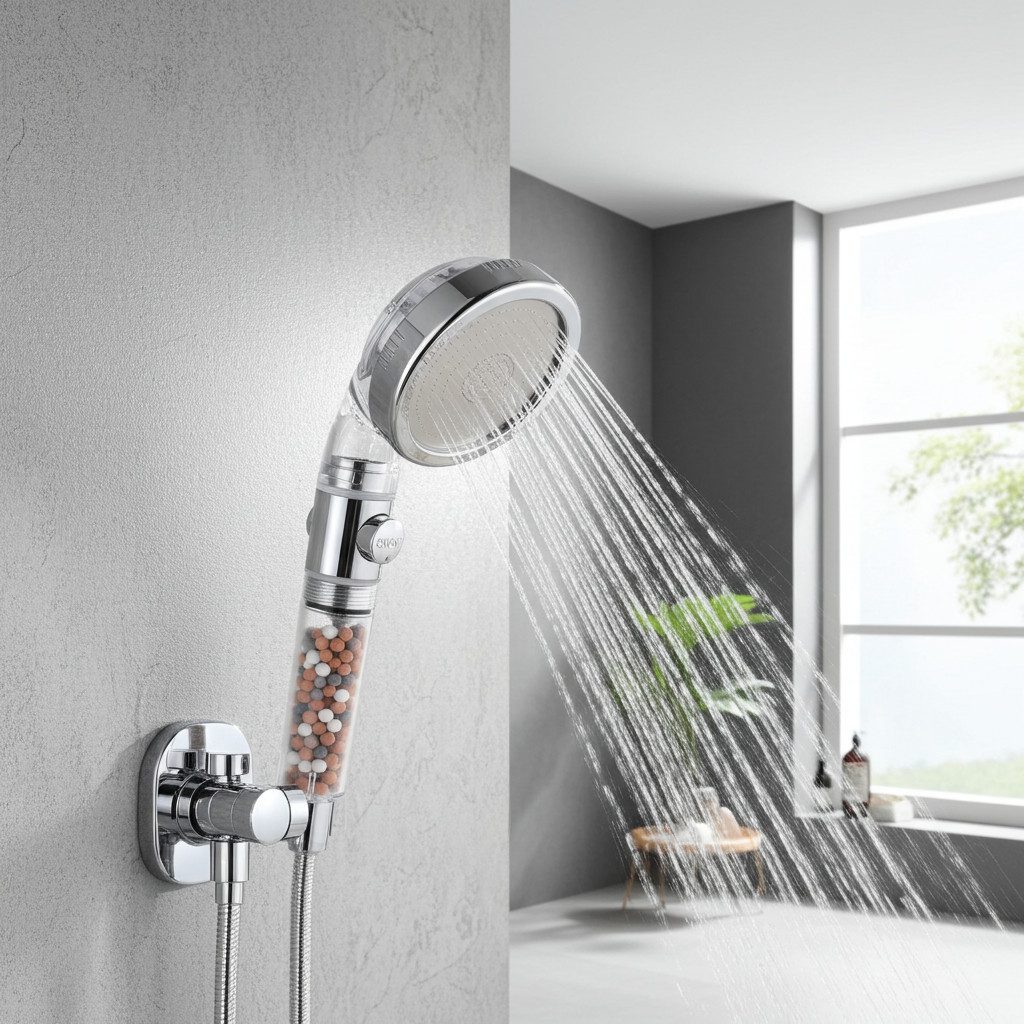 shop'n smile ideoon Handbrause Filter-Duschkopf wassersparend mit Mineralsteinen 3 Strahlarten 1/2’’, Hochwertiger Edelstahl & Kunststoff, 3 Modi, inkl. Turmalin-Steinen