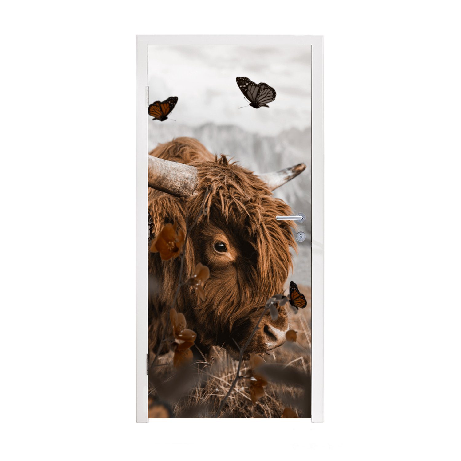 MuchoWow Türtapete Scottish Highlander - Schmetterlinge - Pflanzen, Matt, bedruckt, (1 St), Fototapete für Tür, Türaufkleber, 75x205 cm
