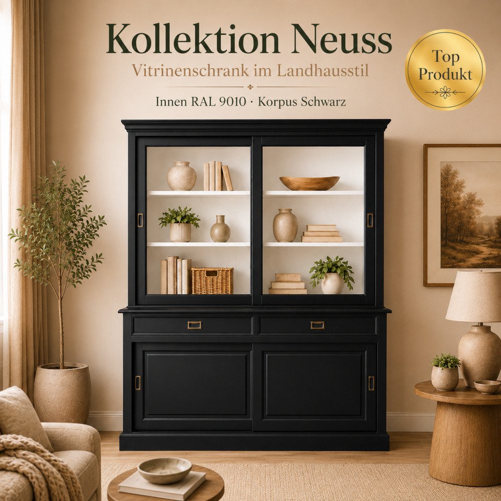 Wohnpalast Vitrine Landhaus Vitrinenschrank Neuss 220 cm Schwarz -Weiß Buffetschrank