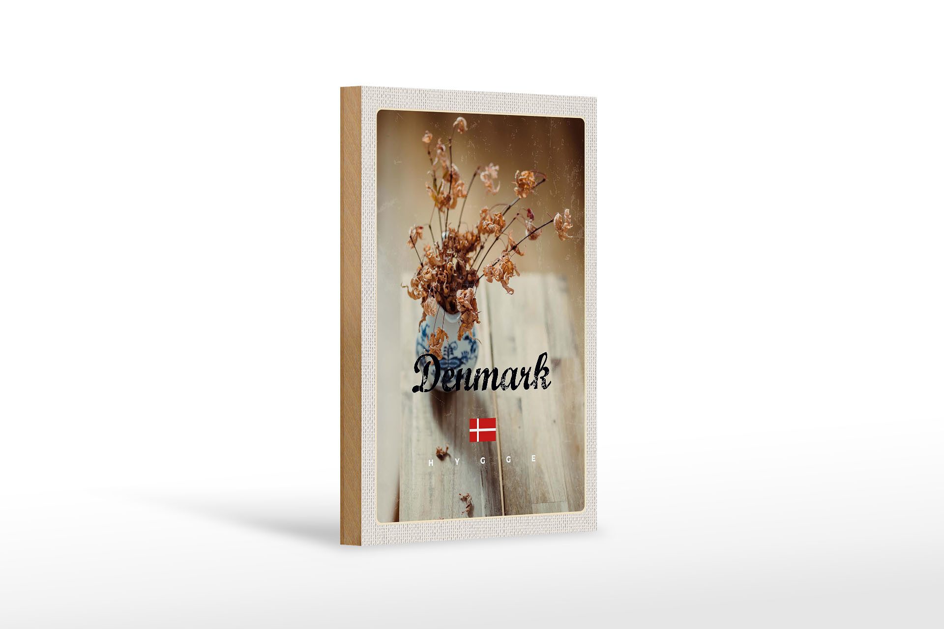 Holzbild Reise 12x18 cm Dänemark verwelkte Blumen in Vase
