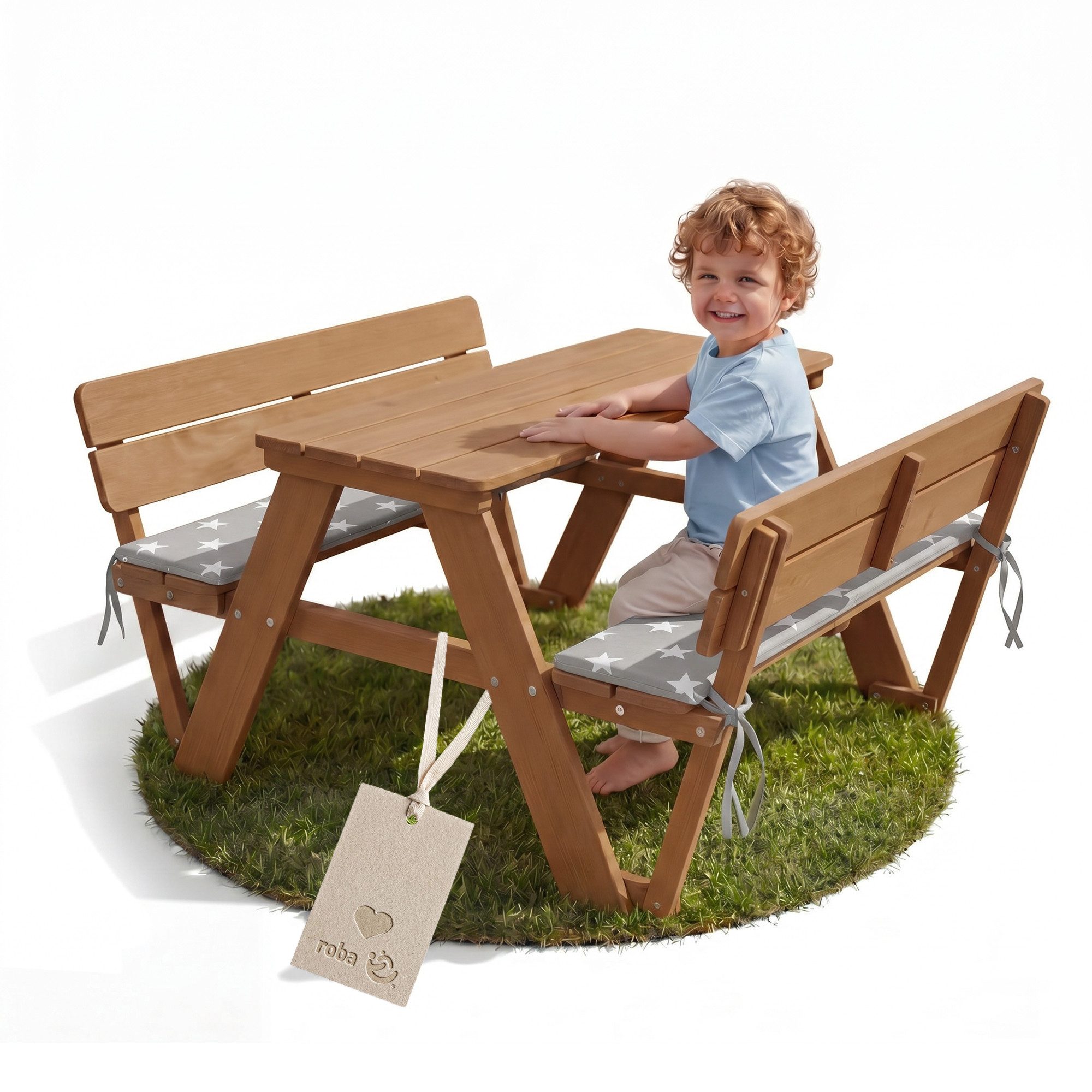 roba® Garten-Kindersitzgruppe Outdoor+, mit 2 Bänken, 1 Tisch "Picknick for 4", aus Massivholz, wetterfest