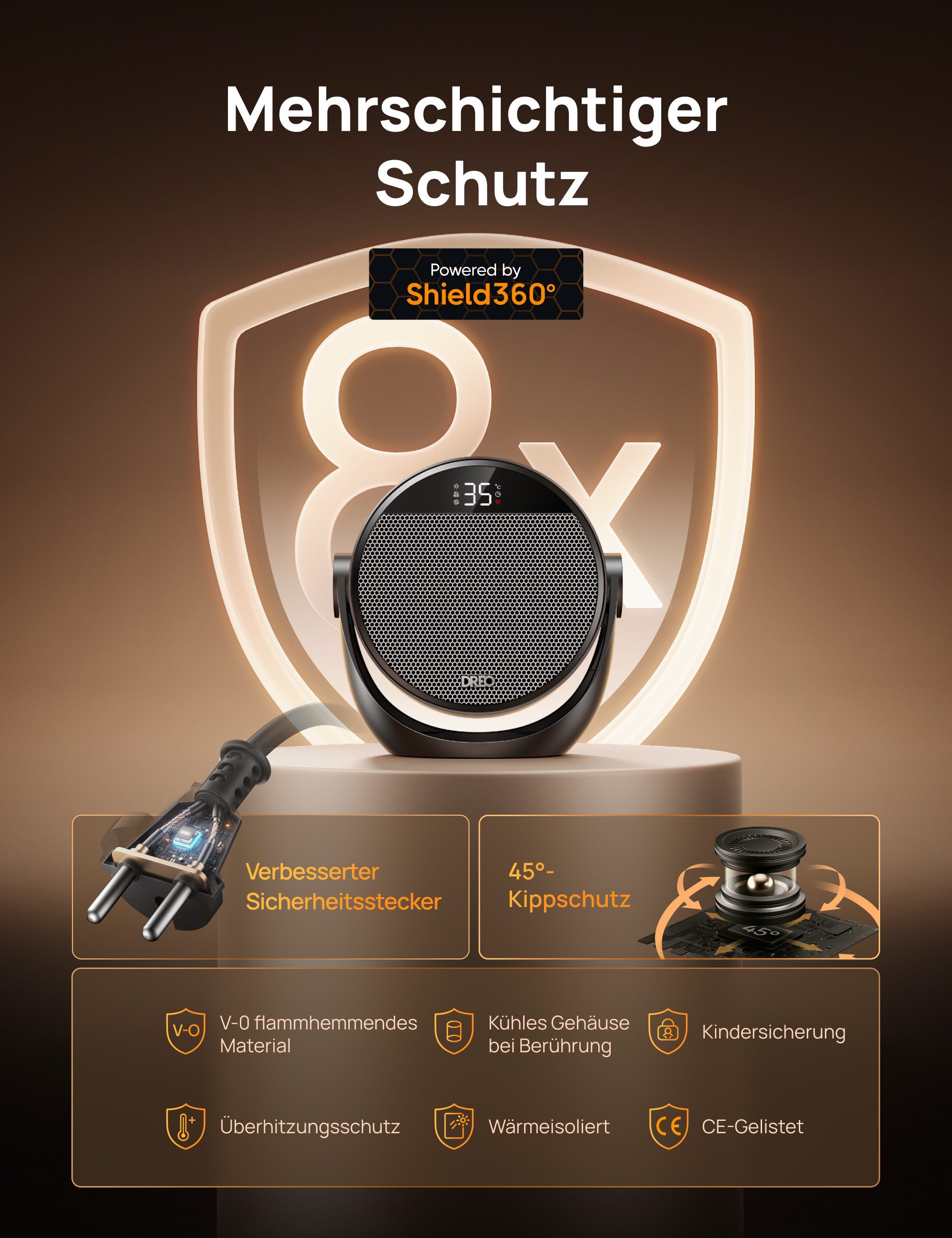 Dreo Heizlüfter Energiesparend, 1500W PTC-Keramik, Fernbedienung, Klein,12-Std-Timer, Leise, Thermostat, 60° neigbar, 8 Sicherheitsfunktionen, 3 Modi – Bild 4 von 5