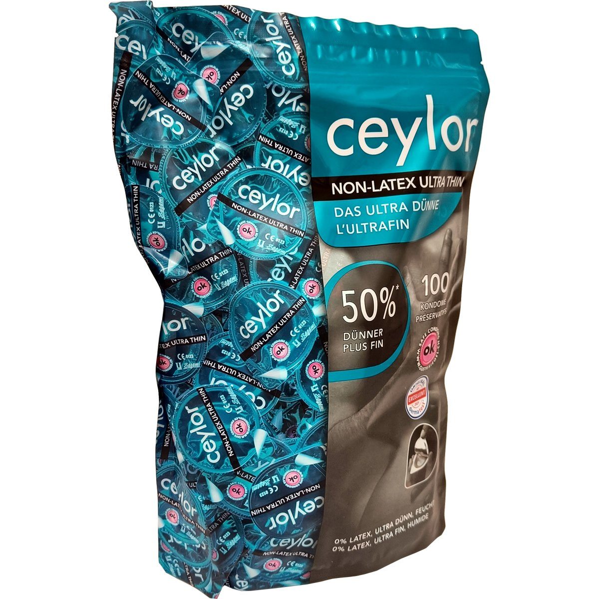 Ceylor Kondome Non-Latex Ultra Thin (Kondome für Allergiker - latexfrei & 50% dünner) ultradünne latexfreie Kondome, Packung mit, 100 St., hypoallergene Kondome, Premium-Qualität aus der Schweiz, im hygienischen "Dösli", einfach zu öffnen, schnelleres Überziehen