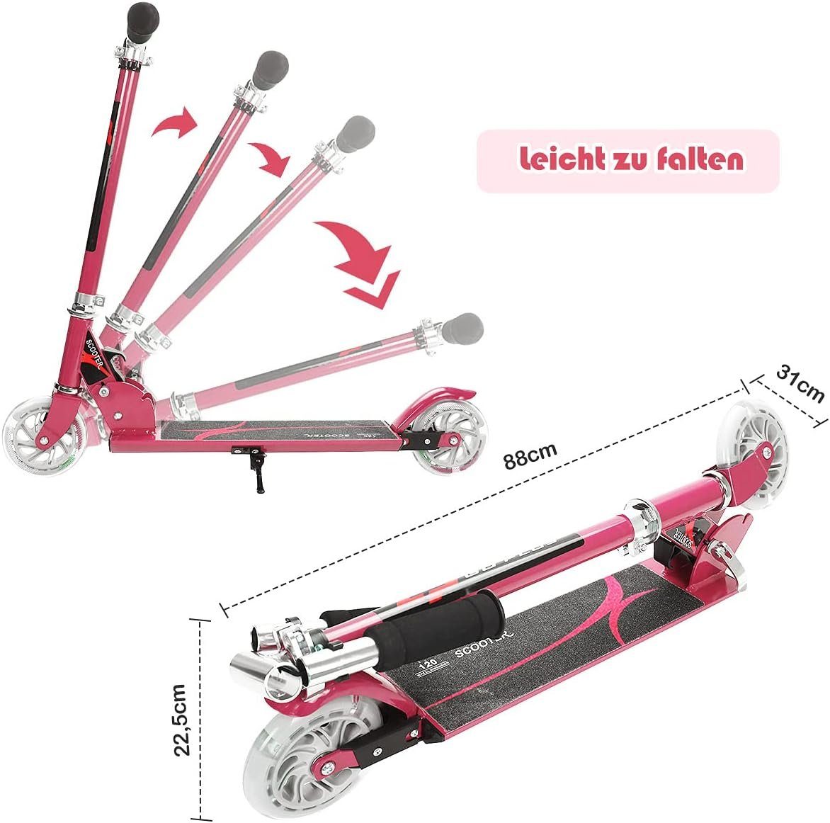KOMFOTTEU Cityroller Kinder Roller Scooter, Rädern, mit 4 rosa Jahre LED ab