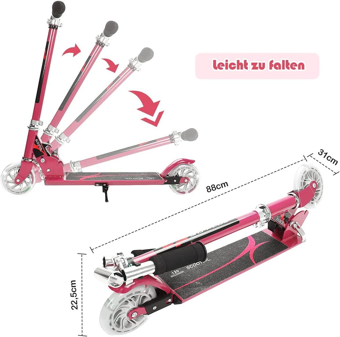 4 Kinder Rädern, ab mit rosa Cityroller LED Jahre Roller KOMFOTTEU Scooter,