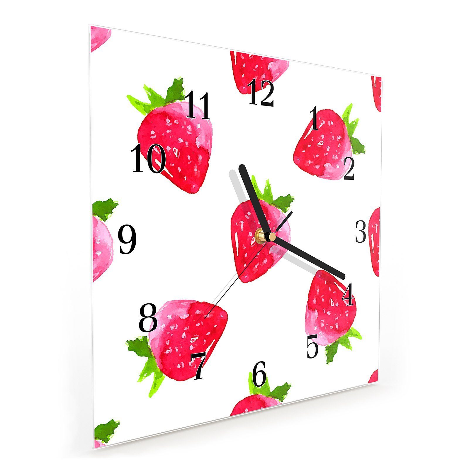 mit Wanduhr Erdbeeren mit Wandkunst Aquarell 30 Wanduhr cm Glasuhr x Blatt 30 Motiv Primedeco Größe