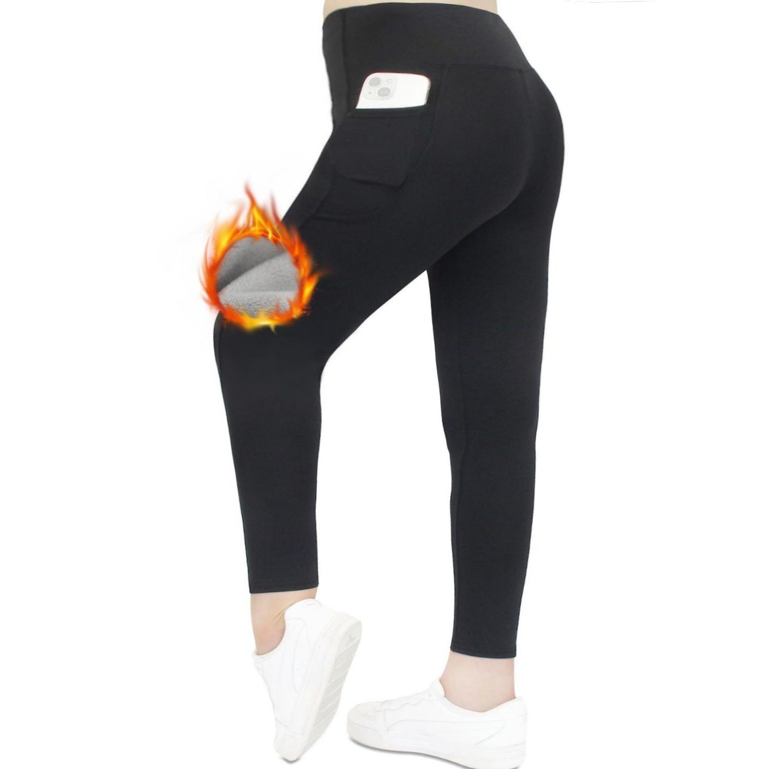 Frentree Thermoleggings Übergößen Damen mit Fleece Gefütterte Thermo Leggins Plus Size für Winter High Waist Strumpfhose Kuschelig Warm Elastisch Sport Schwarz mit Taschen