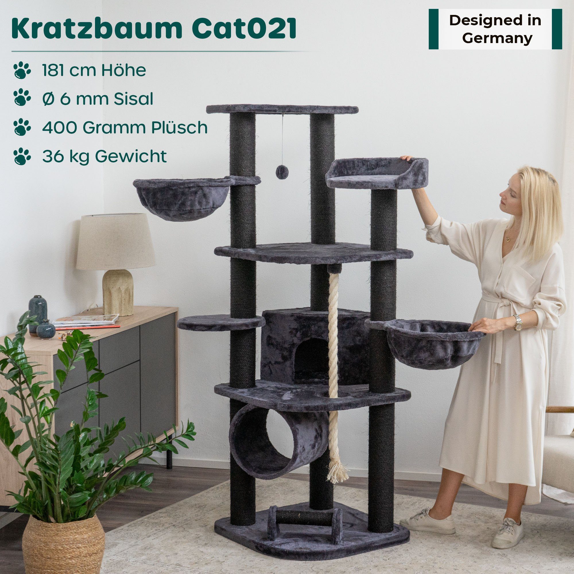 Happypet Kratzbaum, Gesamthöhe: ca. 181 cm, Haus: 30 x 34 x 34 cm, Spieltau: 92 cm Lang