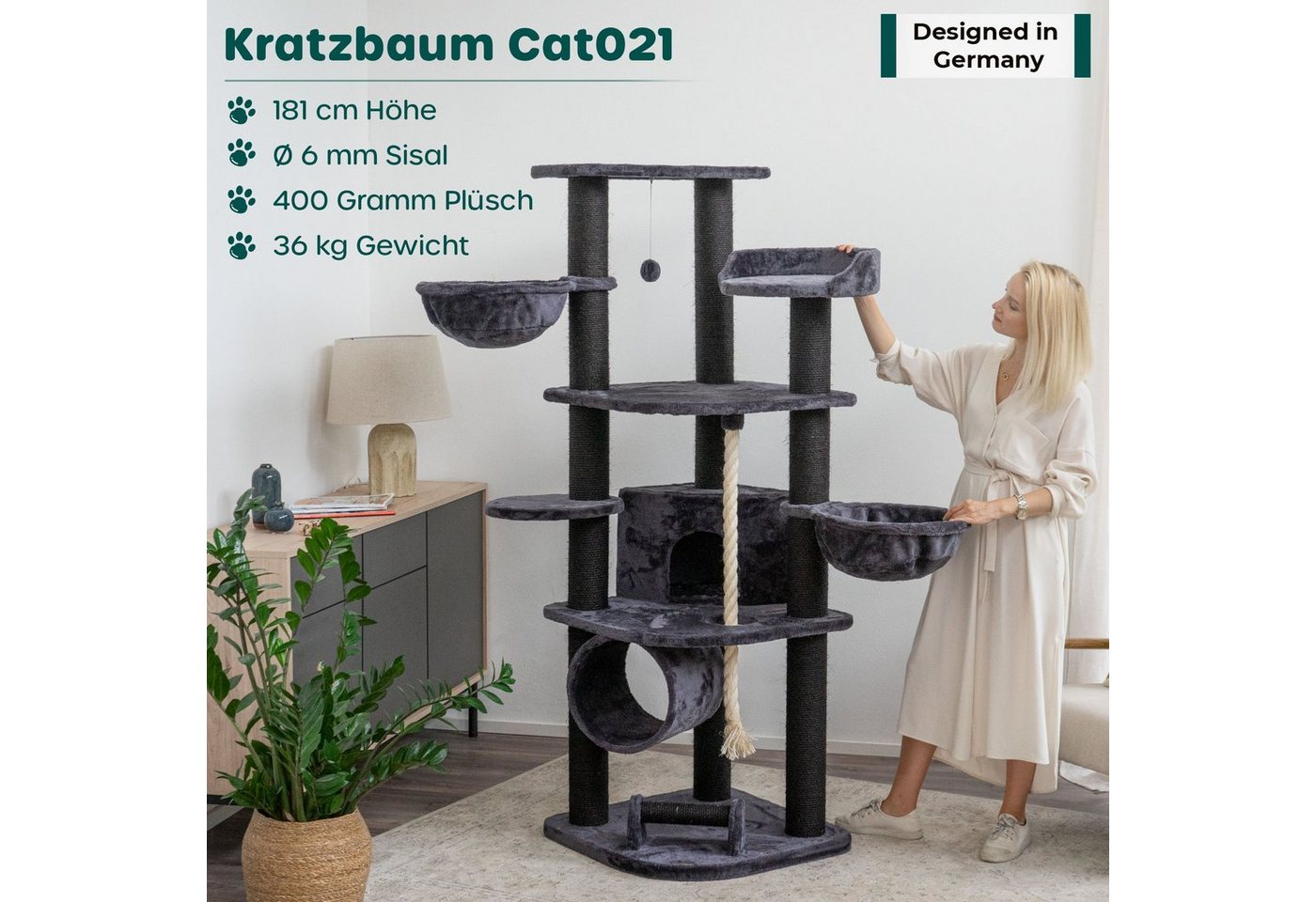 Thumbnail - Happypet Kratzbaum, Gesamthöhe: ca. 181 cm, Haus: 30 x 34 x 34 cm, Spieltau: 92 cm Lang