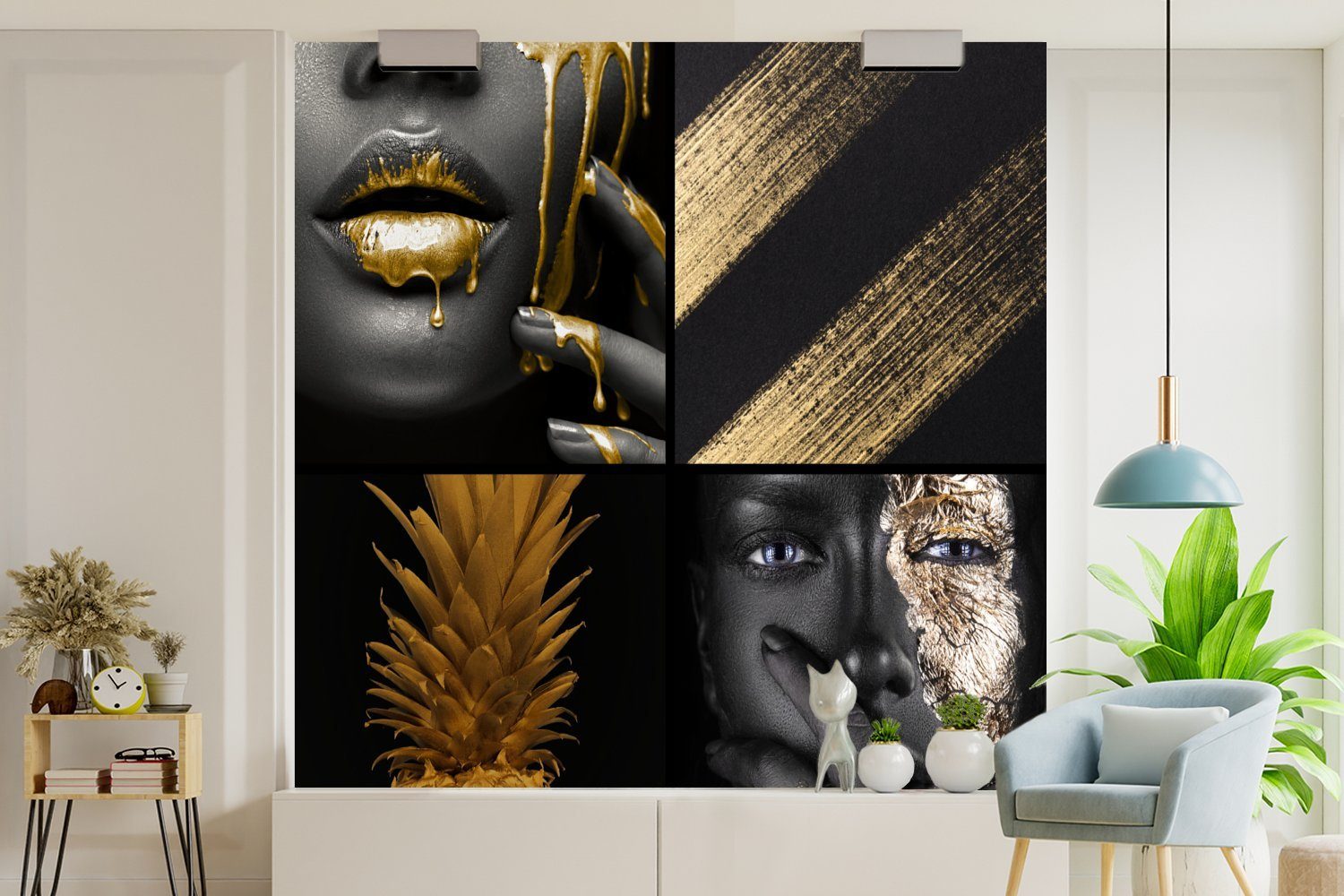 - Matt, Collage Fototapete (5 Tapete - Wohnzimmer für Schlafzimmer, Farbe bedruckt, Vinyl Frauen, MuchoWow oder St), - Gold Wandtapete