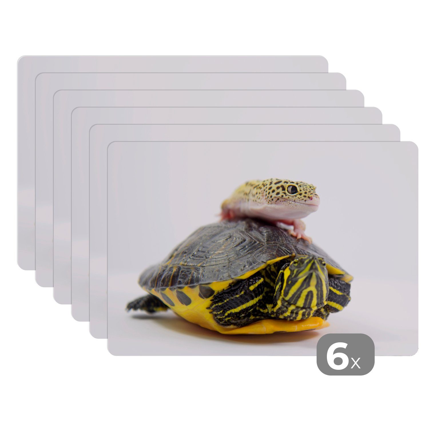 Platzset, Gecko auf einer Schildkröte, MuchoWow, (6-St), Platzset, Platzdecken, Platzmatte, Tischmatten, Schmutzabweisend