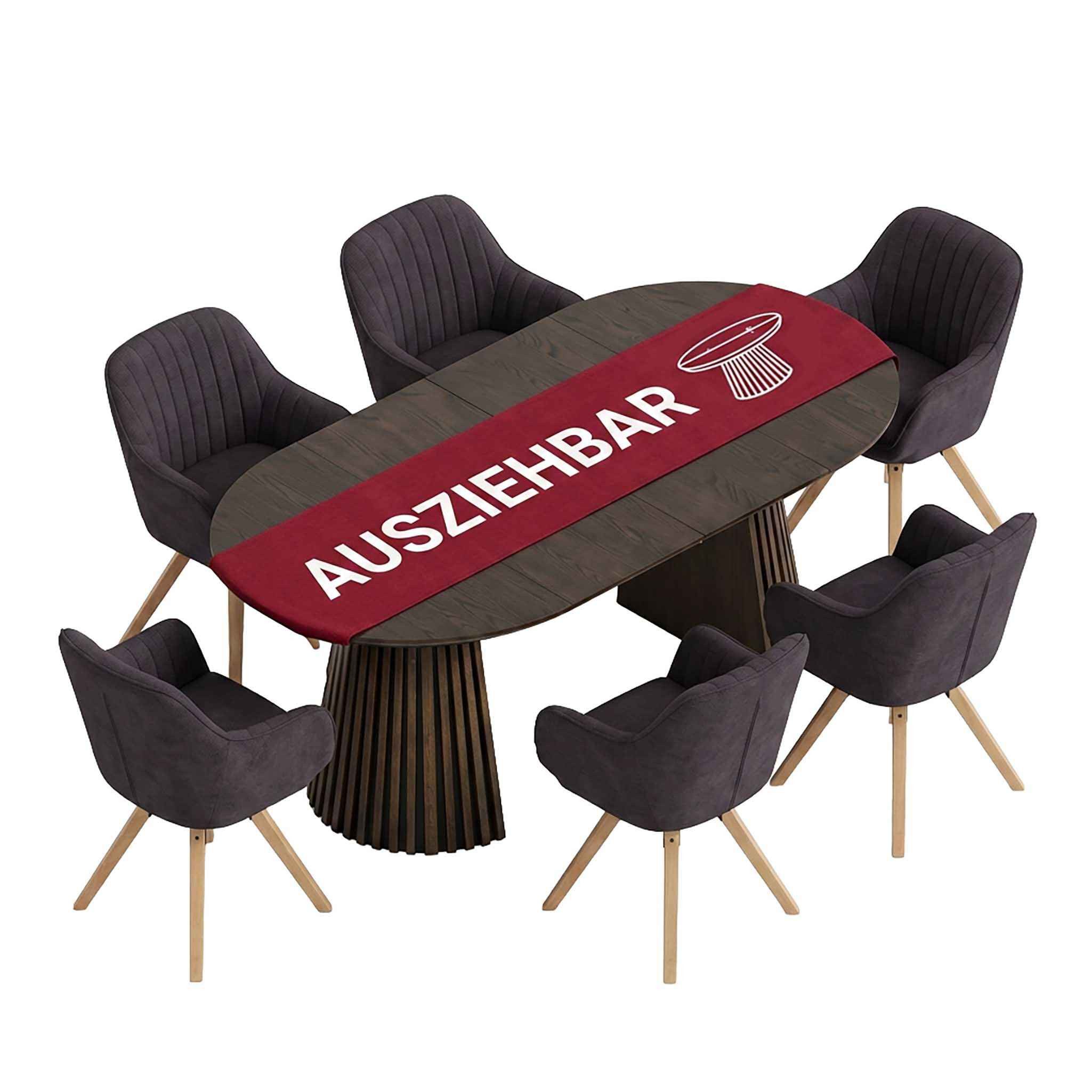 MR.DEKO Esszimmer-Set Sitzgruppe Essgruppe Matera dark grey & Tisch Barletta ausziehbar, (7-teiliges Essgruppe-Set mit 6 Sesseln & ausziehbaren Tisch, 7-St., Esszimmer-Set für 6 Personen), 6 drehbare Sessel in Grau & runder Tisch zum ausziehen