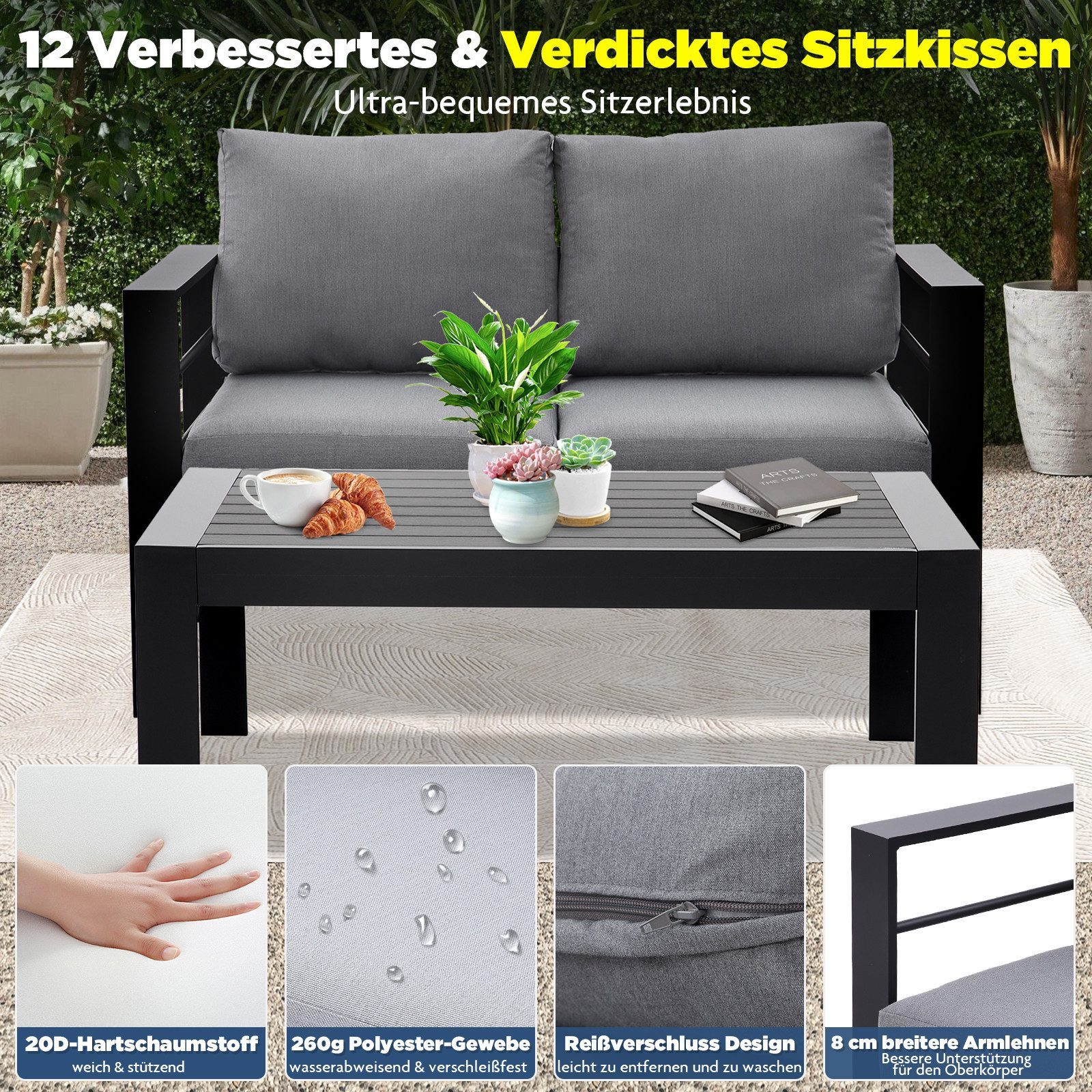 MeXo Loungesofa Gartensofa für Balkon 2 Sitzer Aluminium outdoor wetterfest, 12cm Deluxe Relax-Sitzkissen, Belastbarkeit pro Sitzplatz 140kg, 128×65×66cm luxus  – Bild 5 von 5