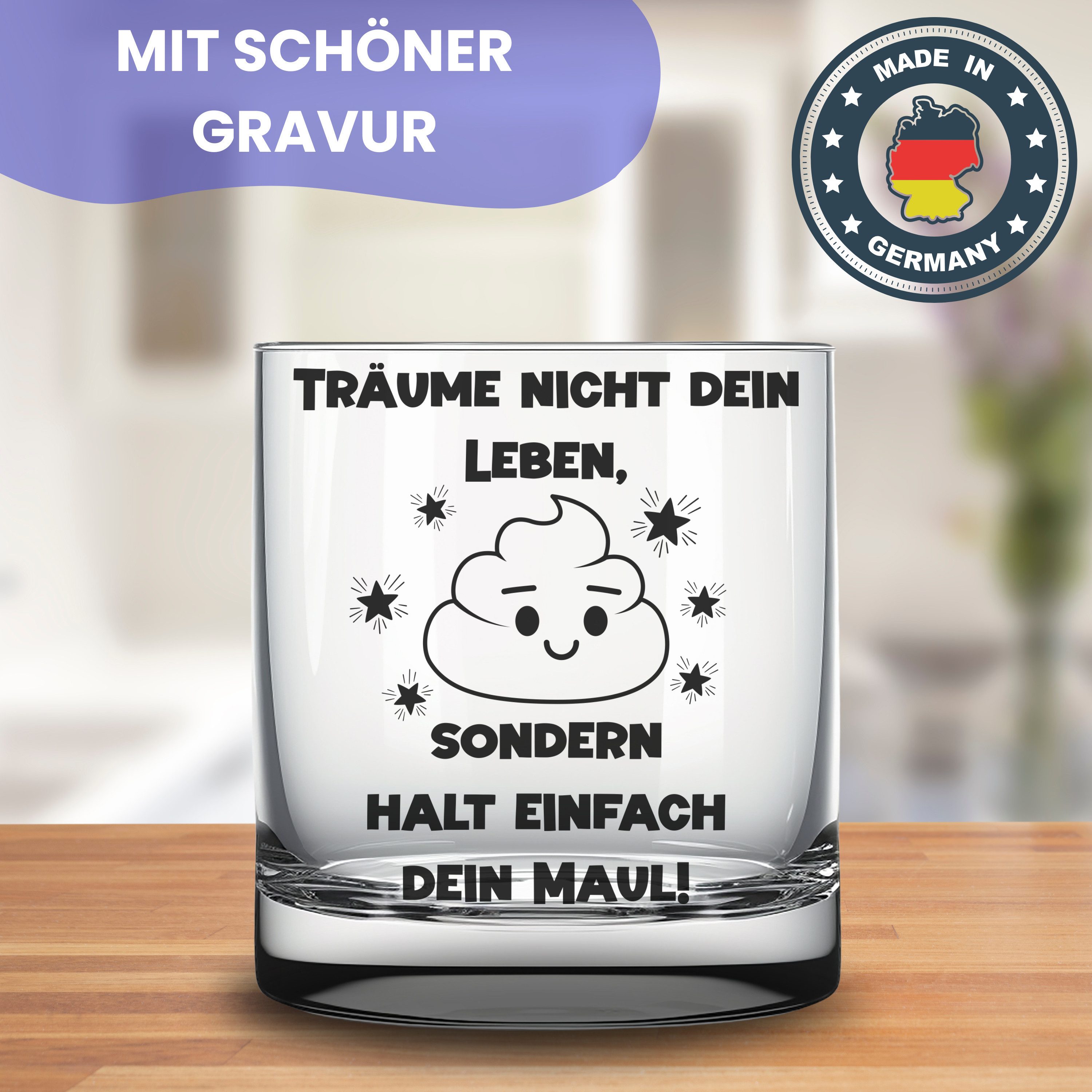 Lasernauten Whiskyglas Glas mit Spruch "Träume nicht dein Leben .." Geschenk Kollegen Freunde, mit Gravur
