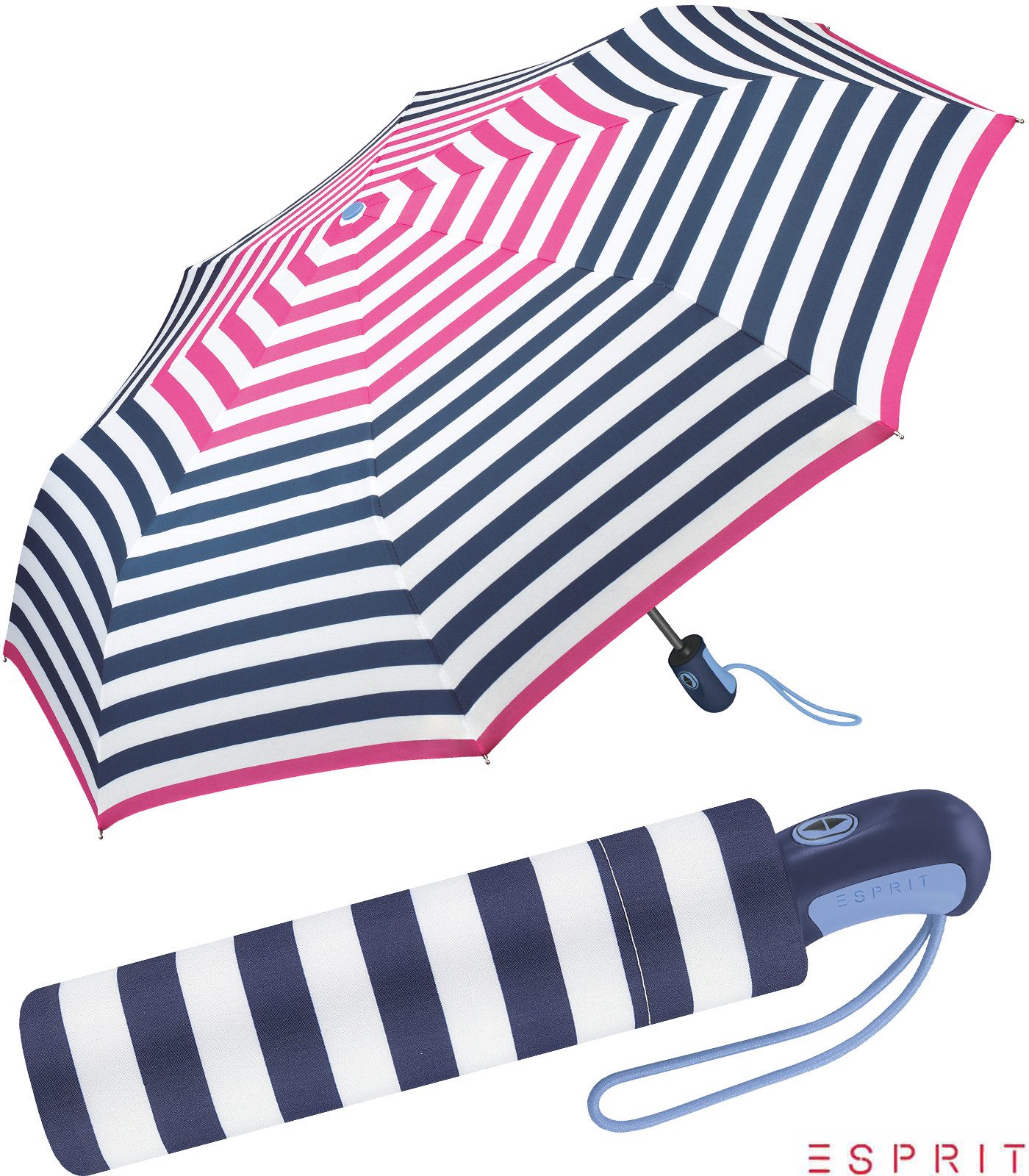 Esprit Taschenregenschirm schöner Schirm für Damen mit Auf-Zu Automatik, mit jugendlichem Streifenmuster - navy-pink