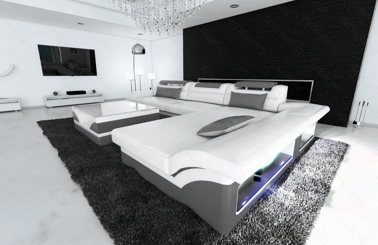 Sofa Dreams Ecksofa Monza L Form Mini Leder Couch mit Ottomane und 60cm Sitzbreite, Ottomane, 4-Sitzer, Design Couch, LED-Beleuchtung, viele Цвета(ов)