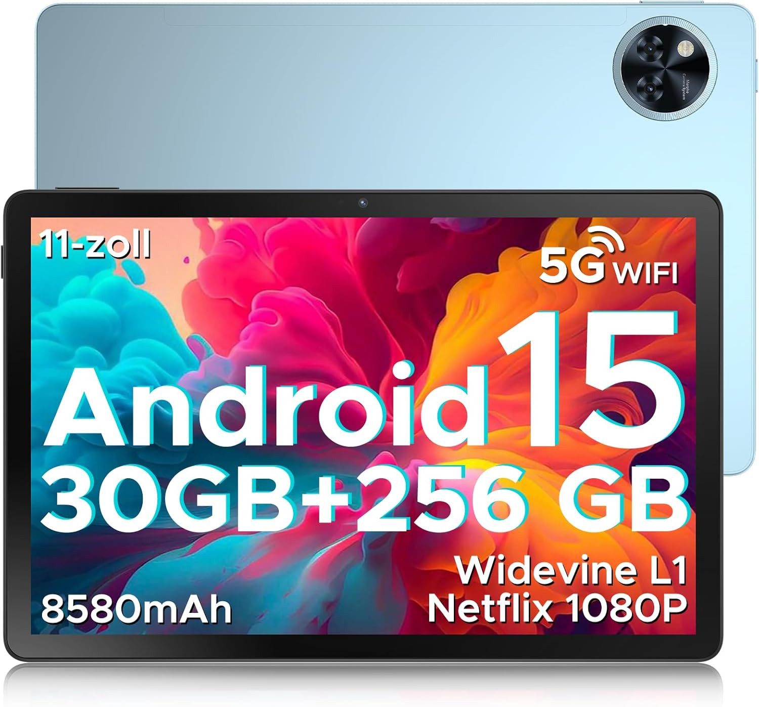 Zevelora 5G WiFi/Widevine L1/ GPS/Face ID/OTG [2025] Tablet (11", 256 GB, Andriod 15, mit 8580mAh, 90Hz Display, Netflix 1080P, Unisoc T7200 Octa Core)