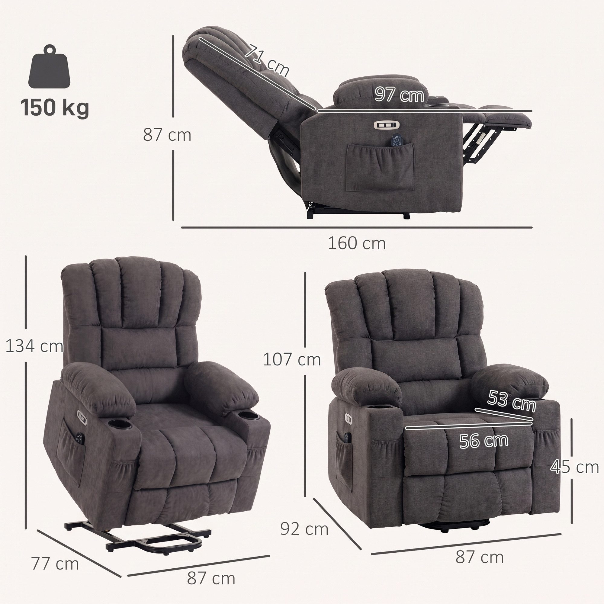 HOMCOM Relaxsessel Fernsehsessel mit Aufstehhilfe Vibrationsmassage, Wärme, USB (Set, 1-St., 1), Aufstehhilfe, Massage, Wärme, USB – Bild 3 von 5