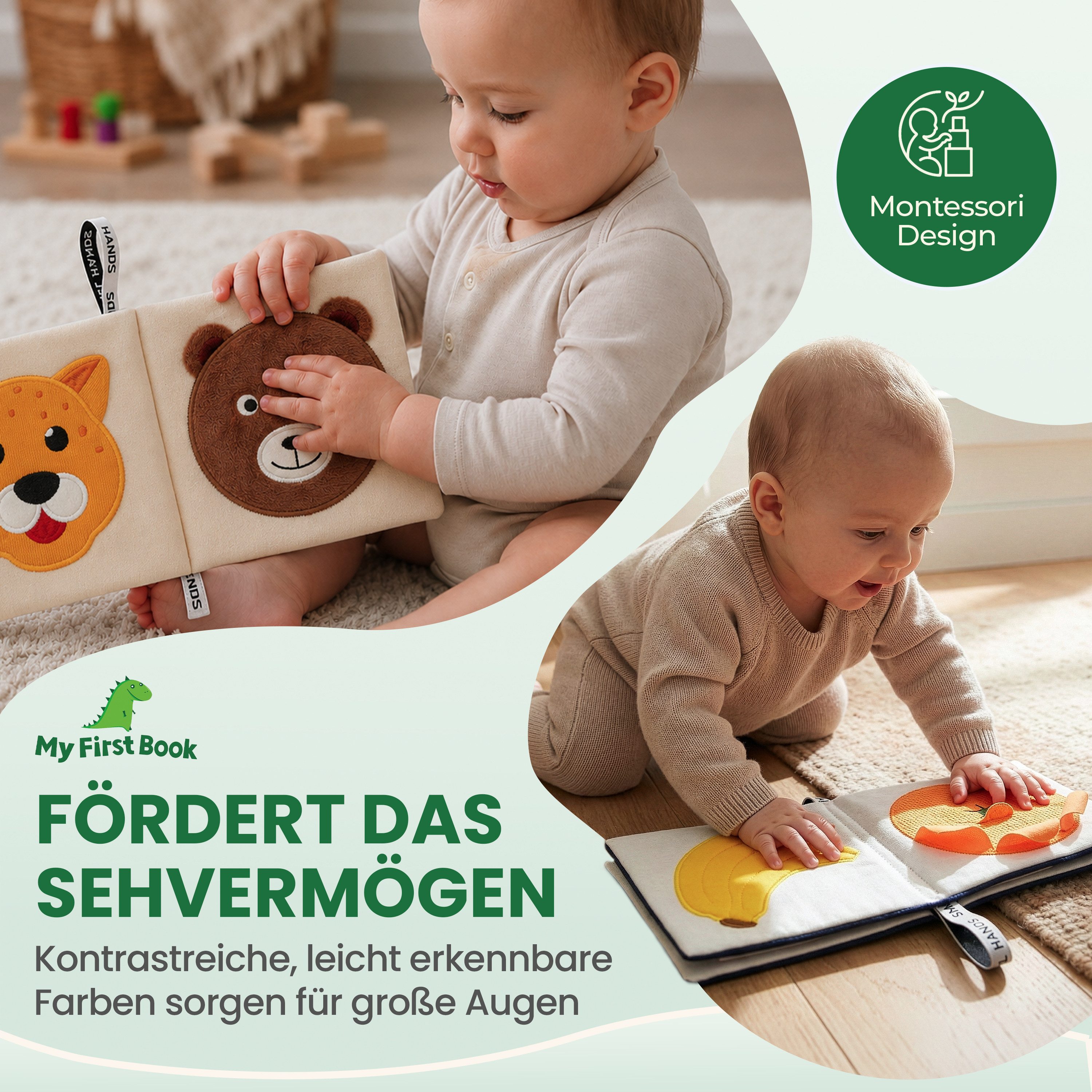 My First Book Stoffbuch Small Hands, Baby Fühlbuch, 0-12 Monate, Baby Spielzeug, Fühlbuch Stoffbuch waschbar, Montessori ab 0 Monate