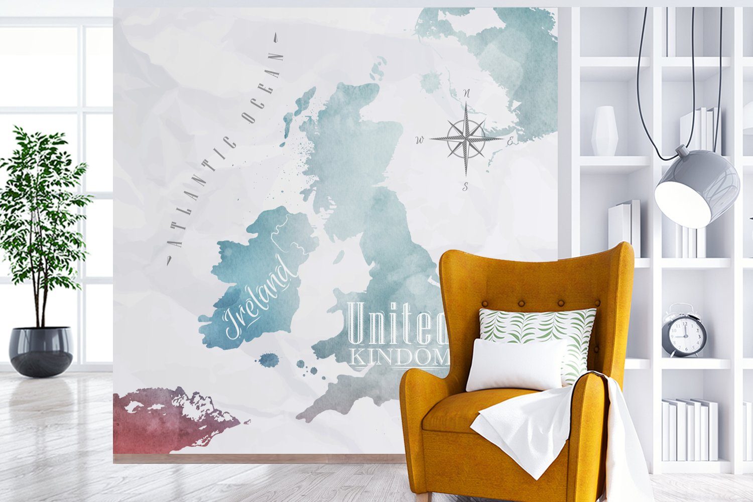 MuchoWow Fototapete Aquarell - Weltkarte - bedruckt, England, für Schlafzimmer Matt, Fototapete Wohnzimmer St), Küche, Vliestapete (4