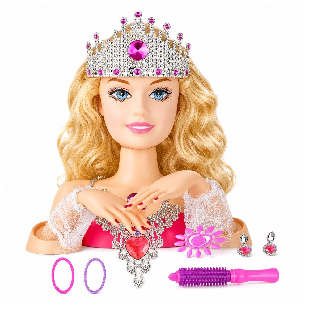 LEAN TOYS Frisierkopf Schminkkopf Stylingkopf Prinzessinnenkopf (Spar-Set, 1-tlg., 26 x 21 cm frisierbar), Blondhaar, Krone, Schmuck, Maniküre-Zubehör