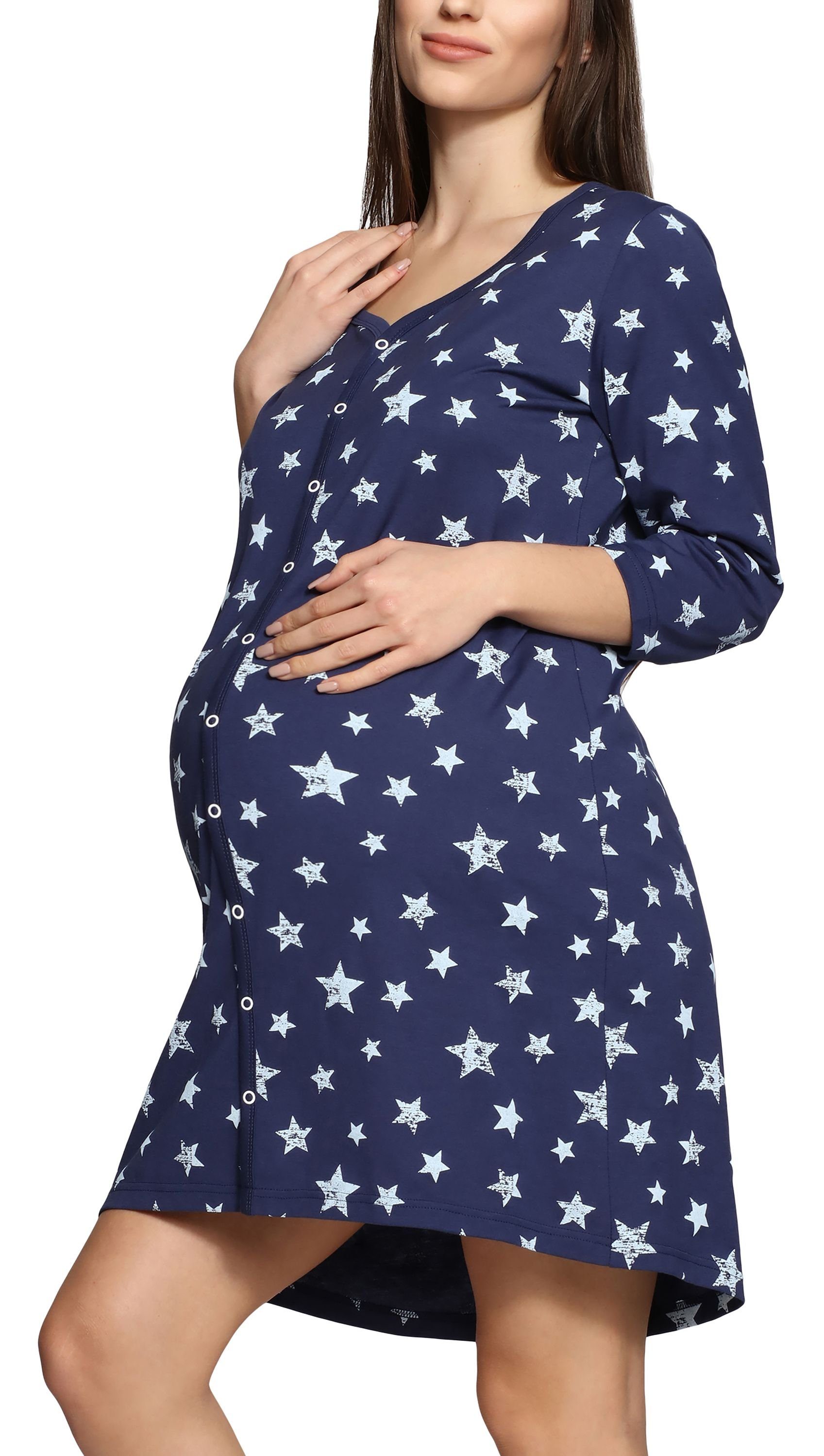 Be Mammy Umstandsnachthemd Damen Umstands Nachthemd 3/4 Arm mit Stillfunktion BE20-276 (1-tlg) Navy Sterne Blau