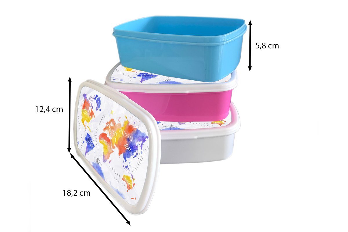 MuchoWow Lunchbox weiß und Brotbox Kinder Mädchen (2-tlg), für für und Erwachsene, - - Jungs Aquarell Rot Weltkarte Kunststoff, - Blau, Brotdose