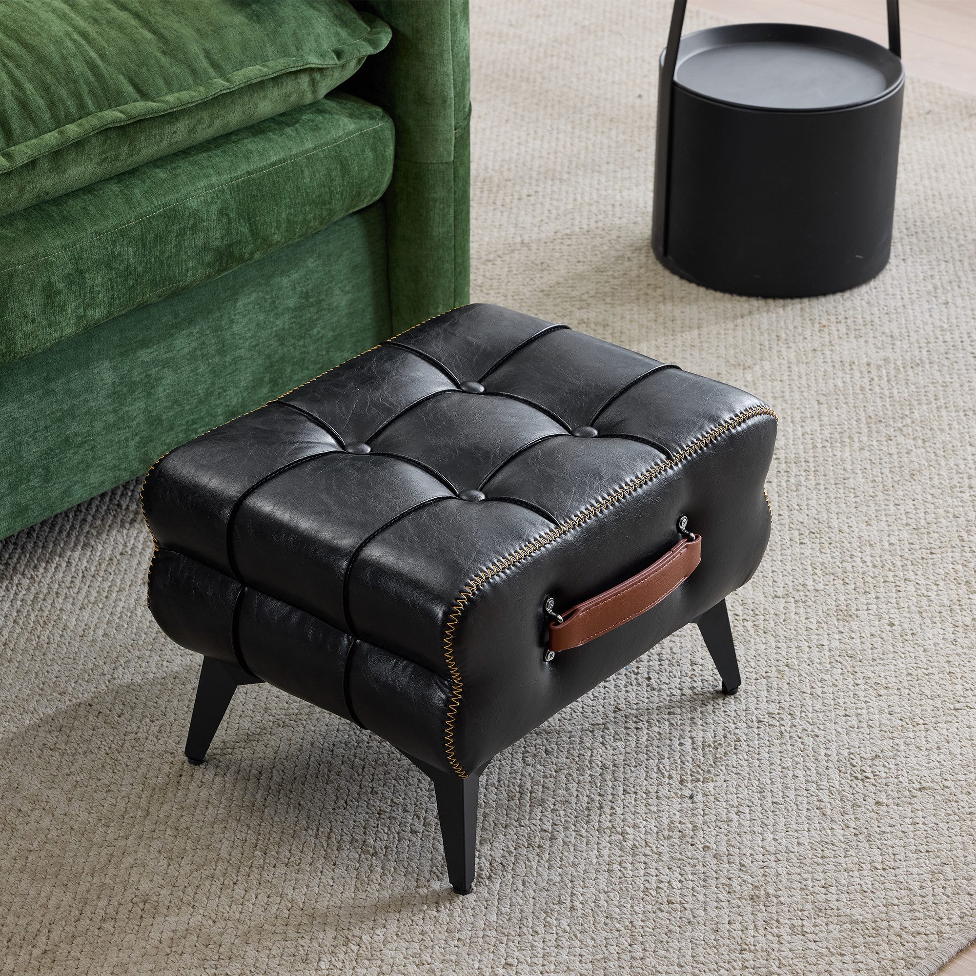HAUSS SPOLE Polsterbank mit Metallbeinen,Fußhocker Polsterhocker mit Ledergriff,Schwarz (PU-Leder Hocker mit Tragegriff), Wohn- und Schlafzimmerhocker Polsterhocker im Retro-Stil