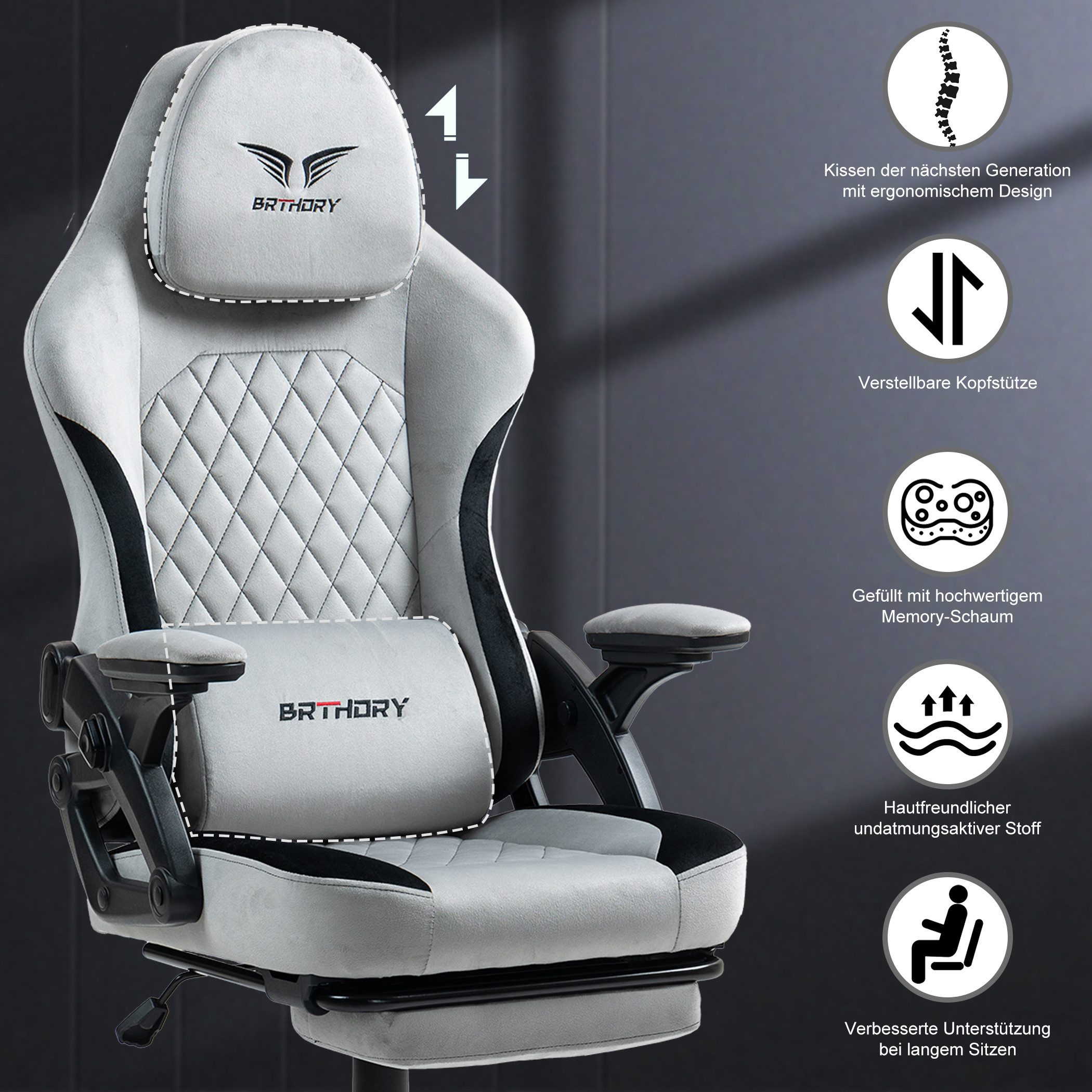 BRTHORY Gaming-Stuhl Rmit Verstellbare Kopfstütze Wippfunktion, 135°, Hellgrau – Bild 4 von 5