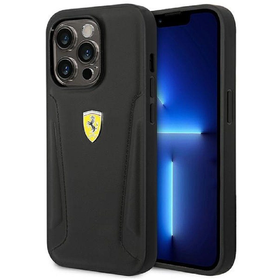Ferrari Handyhülle Case Echtleder Logo schwarz iPhone 14 Pro Max 6,7 Zoll, Kantenschutz