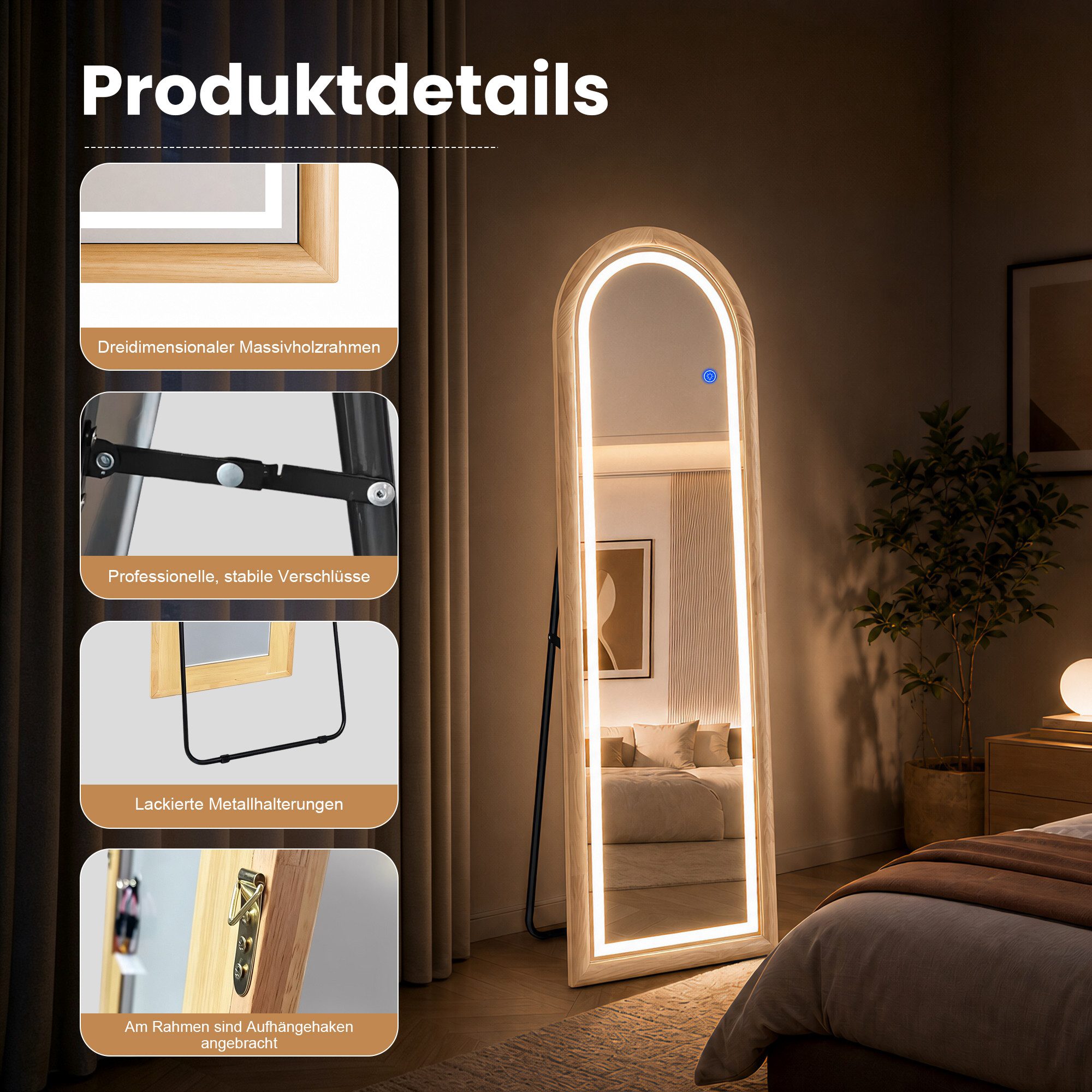 BBWL Ganzkörperspiegel LED-Spiegel, 160x50 cm mit Holzrahmen, bogenförmig, 3 Lichtfarben, 3 Helligkeitsstufen, Standspiegel und Wandspiegel – Bild 5 von 5
