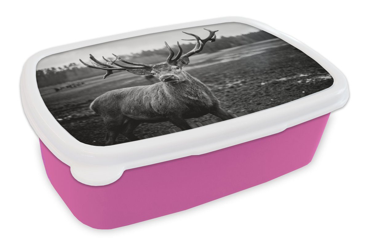MuchoWow Lunchbox Tiere - Hirsch - Geweih - Schwarz und weiß - Natur, Kunststoff, (2-tlg), Brotbox für Erwachsene, Brotdose Kinder, Snackbox, Mädchen, Kunststoff rosa