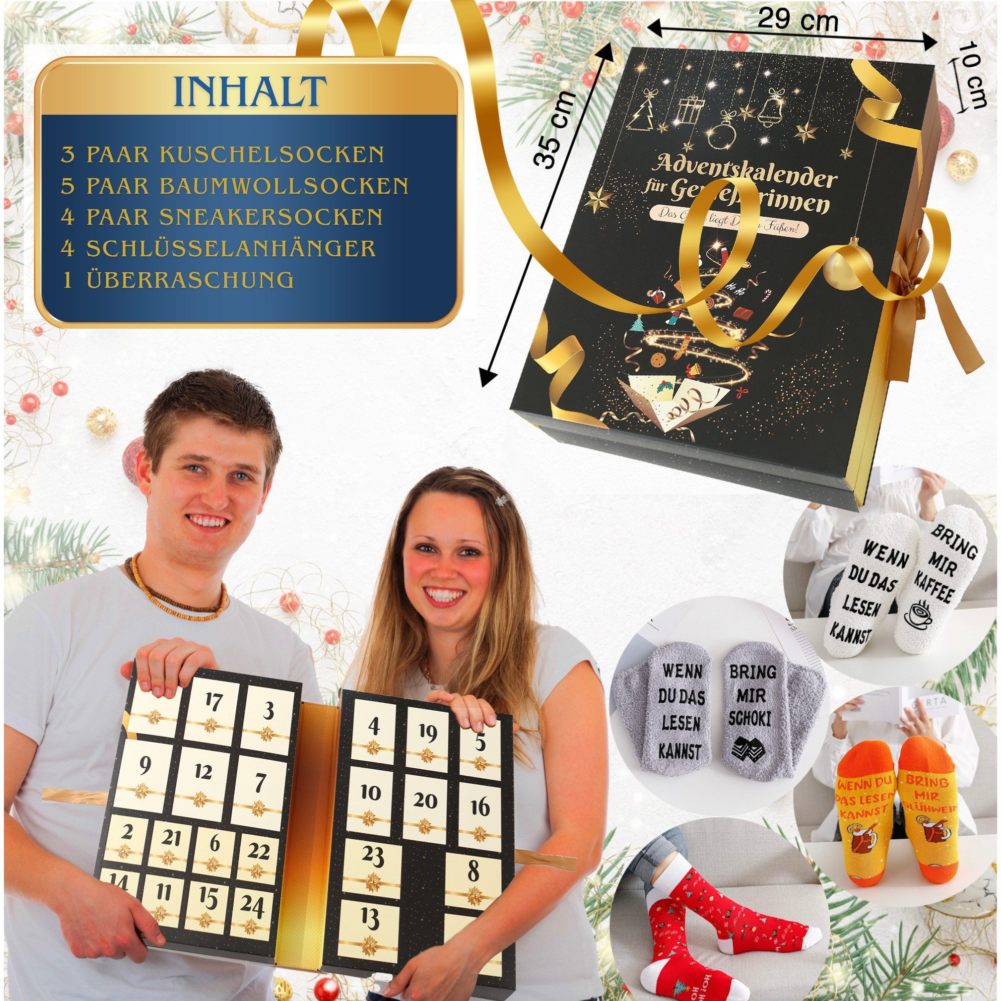 Lucadeau Adventskalender 2025 Damen - Socken Adventskalender Frauen, Luxus Weihnachtskalender, Gr. 37-43, Premium Socken mit Spruch, schöne Anhänger zu Weihnachten