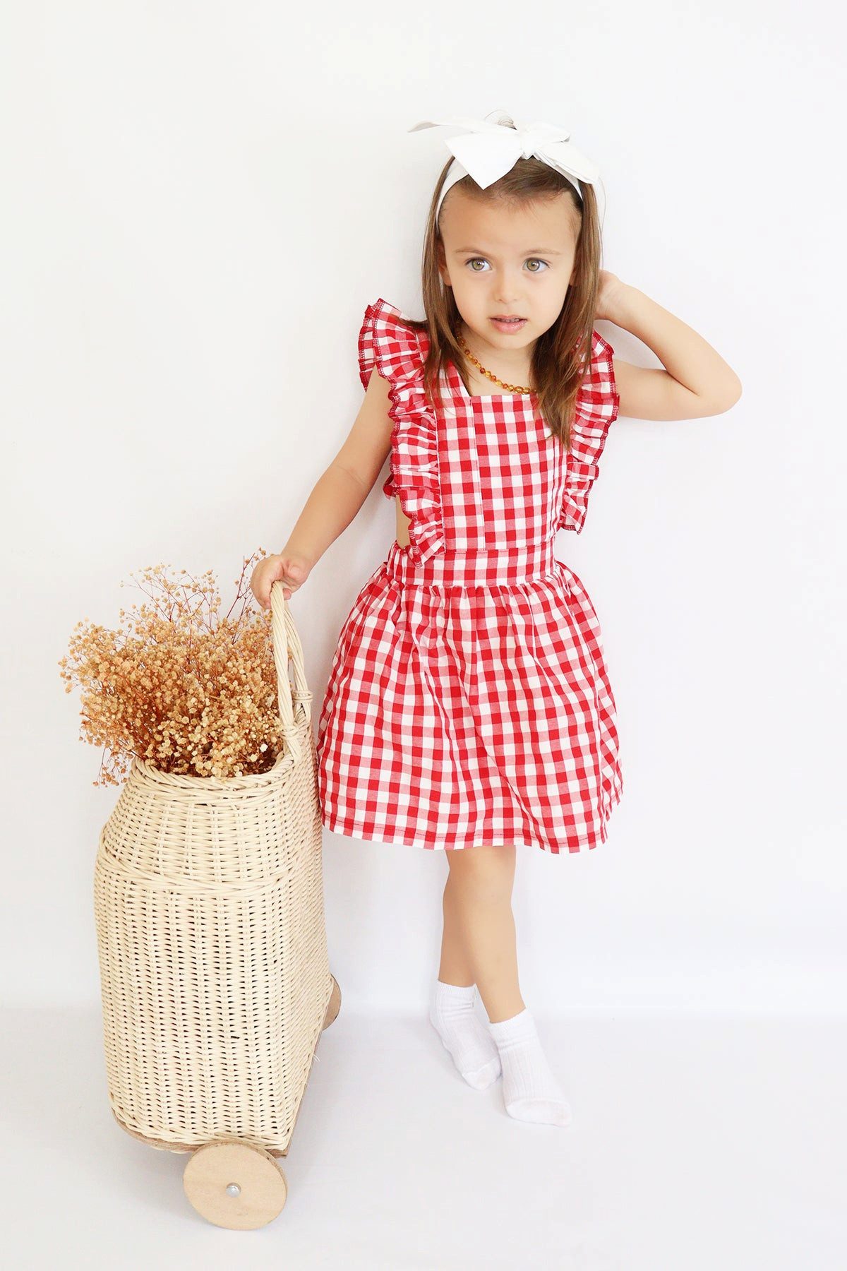 Parla Kids Kleid & Haarband Kleid Violetta - Plaid Muster in rot-weiß, Rüschensaum und Haarband