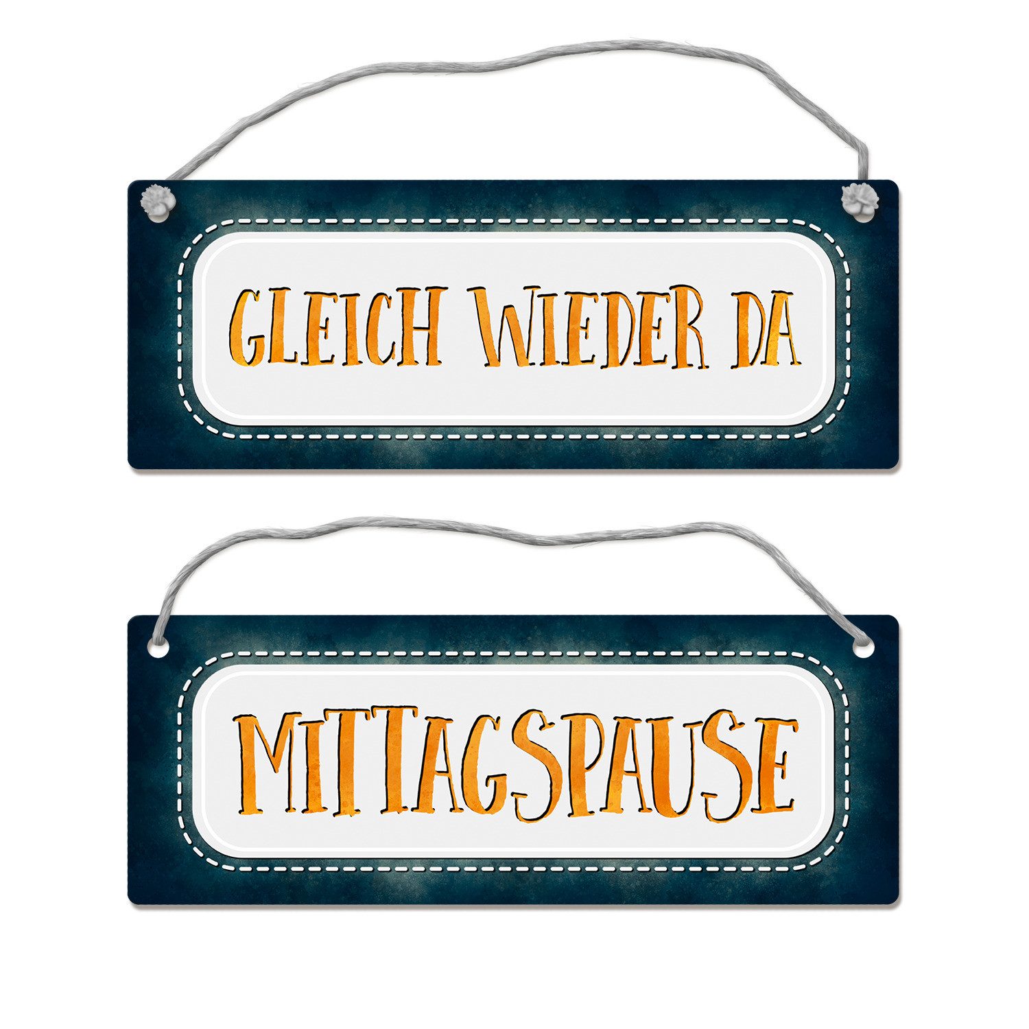 Metallschild Mittagspause oder Gleich wieder da Wendeschild mit Kordel für die
